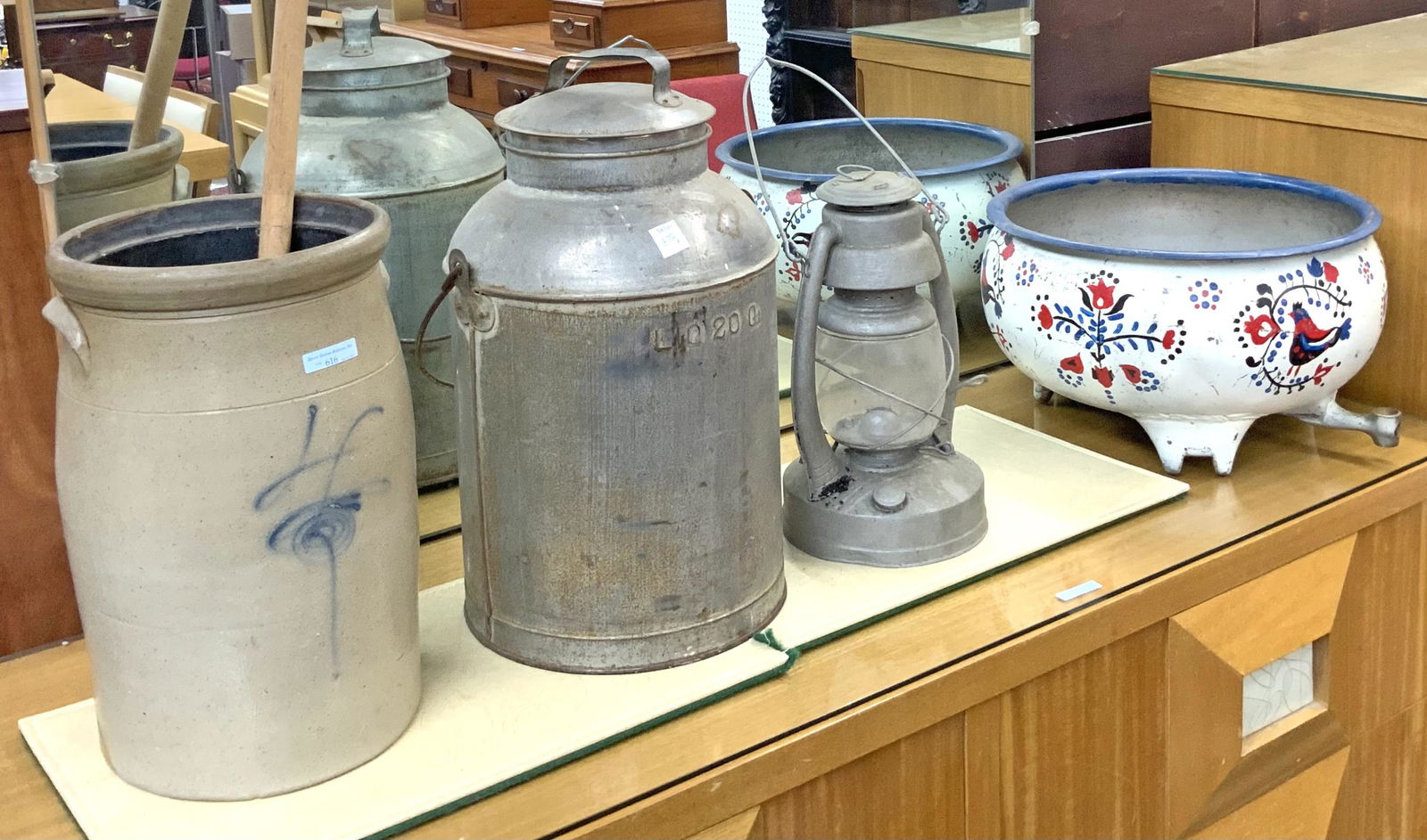 Lot: 4 Primitives: Churn, Milk Pail, Lantern, Pot. (1 of 1)
