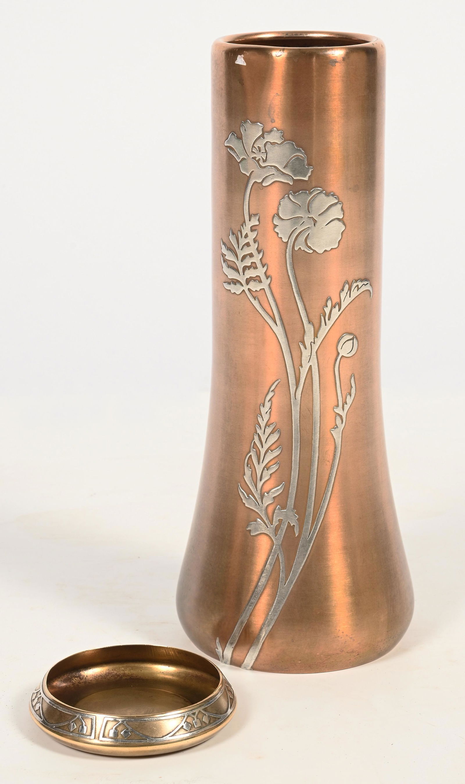 Lot: 2 Heintz Sterlng on Bronze Pcs.- Vase & Dish.: The poppies vase is 12.25" tall, with a 3.25" diameter at the rim. It is marked on the bottom, and has a hole there to accommodate a cord if you wish to use it as a lamp. The round dish/tray measures