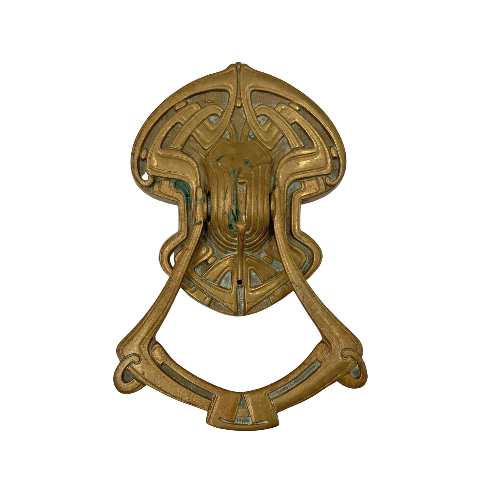 Art Nouveau Bronze Ges Gesch Door Knocker.: Measures 7" long, and is not too heavy. There is some green discoloration in the recesses; otherwise, it is in nice condition.