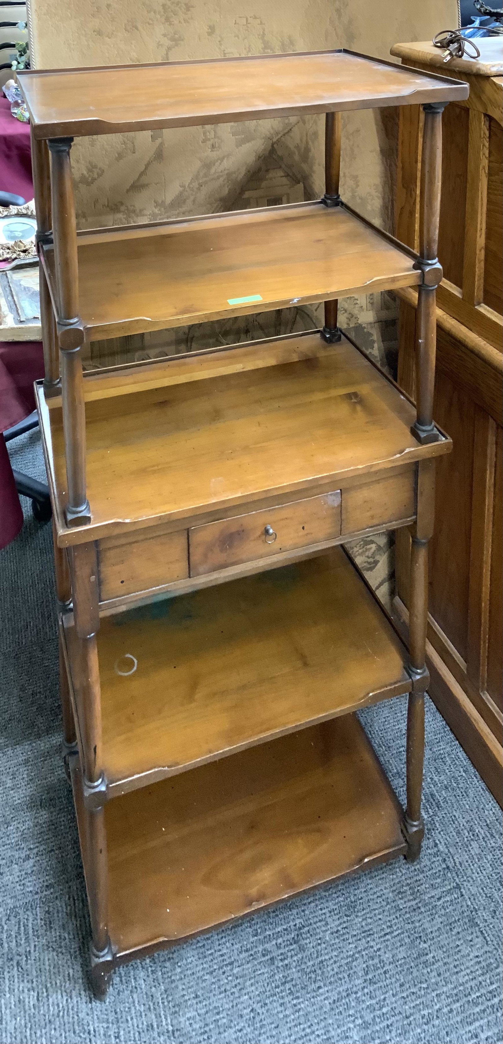 Vintage Walnut 5-Shelf Etagere.: Measures 22" wide, 14" deep, and 50" tall. It is in As/is Condition, needing re-gluing and finish repair. Third-Party Freight Shipping or Personal Pickup Required.
