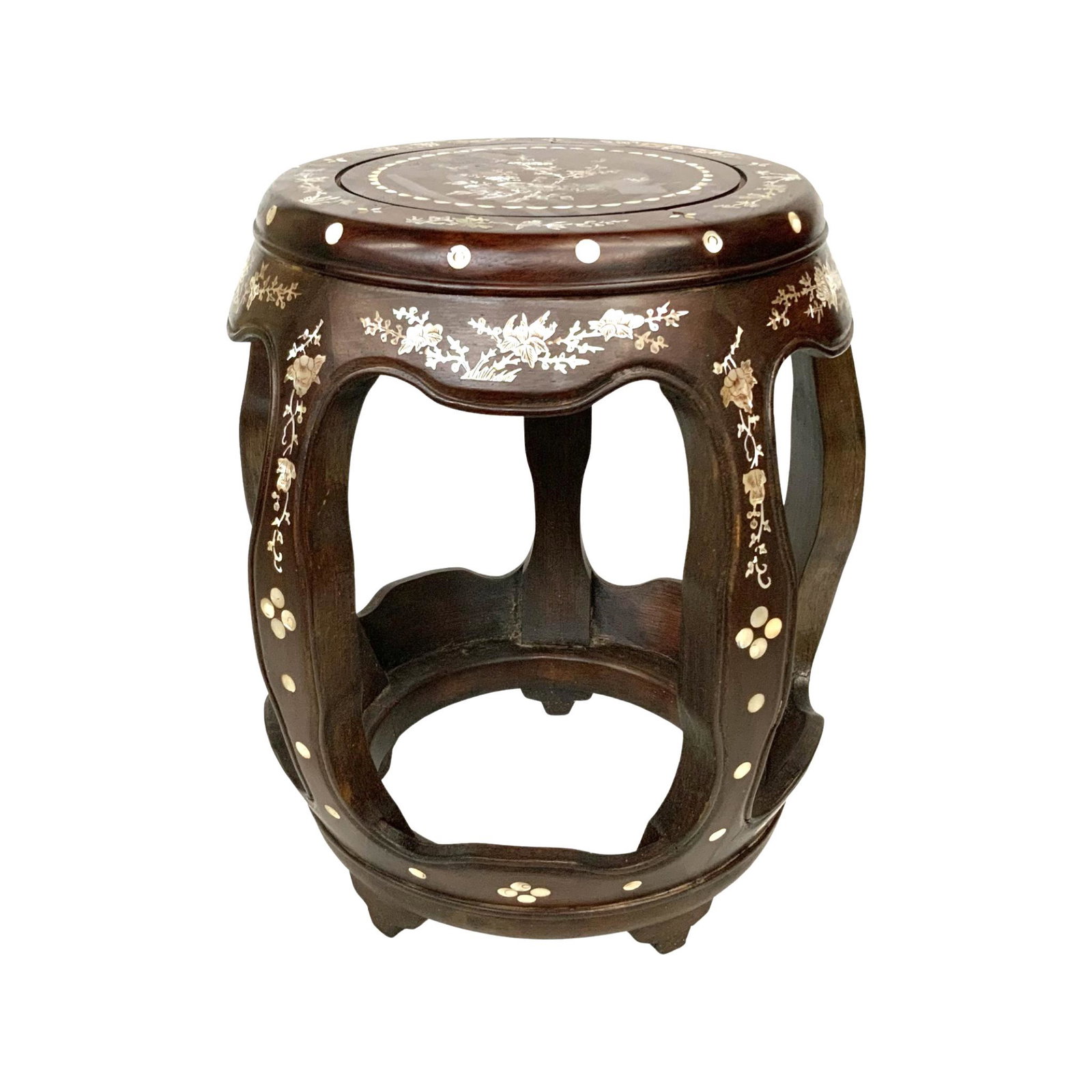 Mother-of-Pearl Inlaid Wooden Garden Seat.: Missing a Piece or Two of Inlay, but is in Otherwise Excellent Condition. The Stool Measures 17 1/2" Tall, and 15" in Diameter. Third-Party Shipping or Personal Pickup Required.