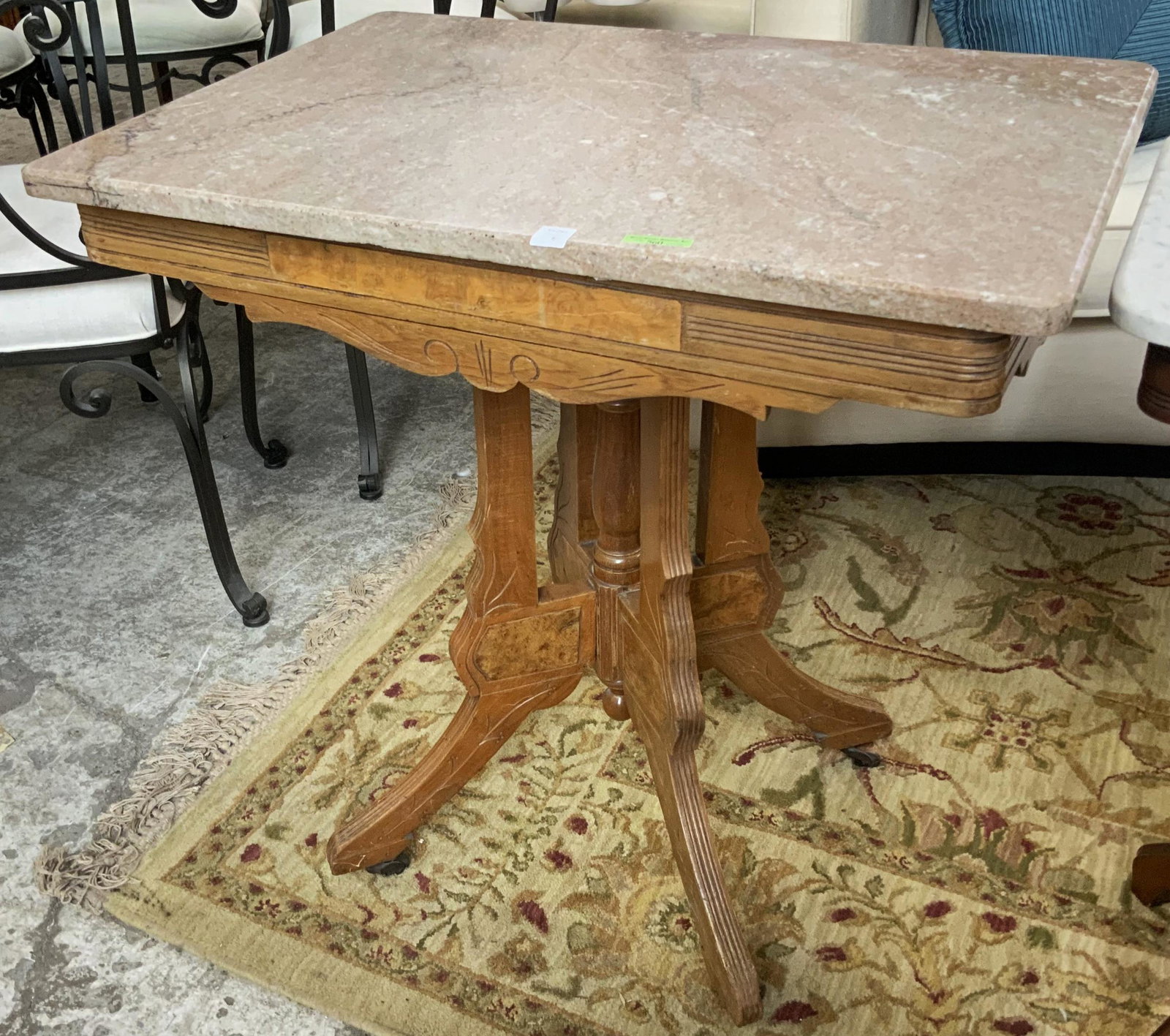 Eastlake Victorian Marble-Top Table.: A Parlor Table with a Grey Marble Top, and Partially Burled Wood Legs. The Table is in Good Overall Condition, and Measures 30" Tall, 29 1/2" Wide, and 21 1/2" Deep.
