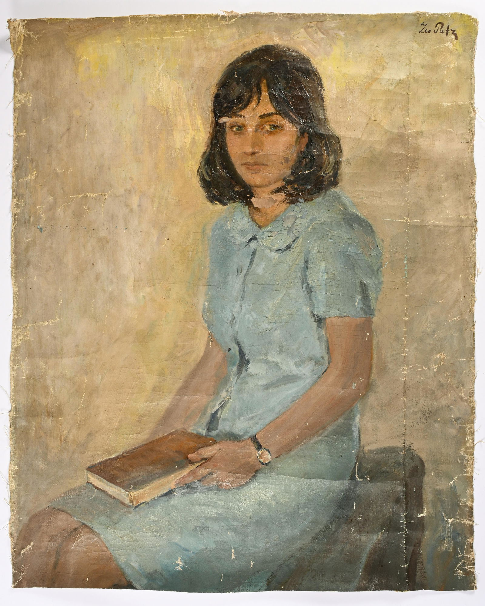 Signed Leo Putz Portrait Painting of a Young Girl.: The Painting is Rolled. It is on a Burlap-Type Canvas Material, Oil on Canvas, Signed Upper Right. The Painting has Lots of Crackle and Wear, also, there is Paint Missing in the Throat Area and Near h