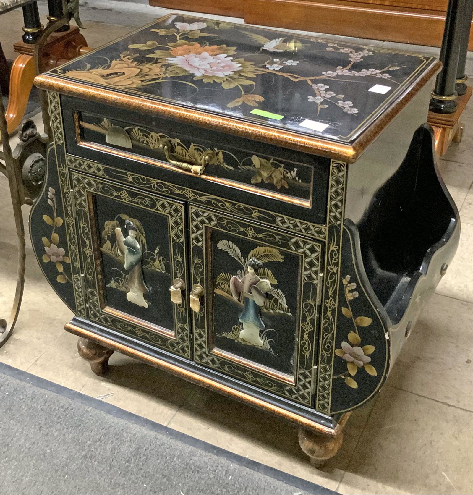Small Asian-Style Black Floral Lacquered Cabinet. (1 of 1)