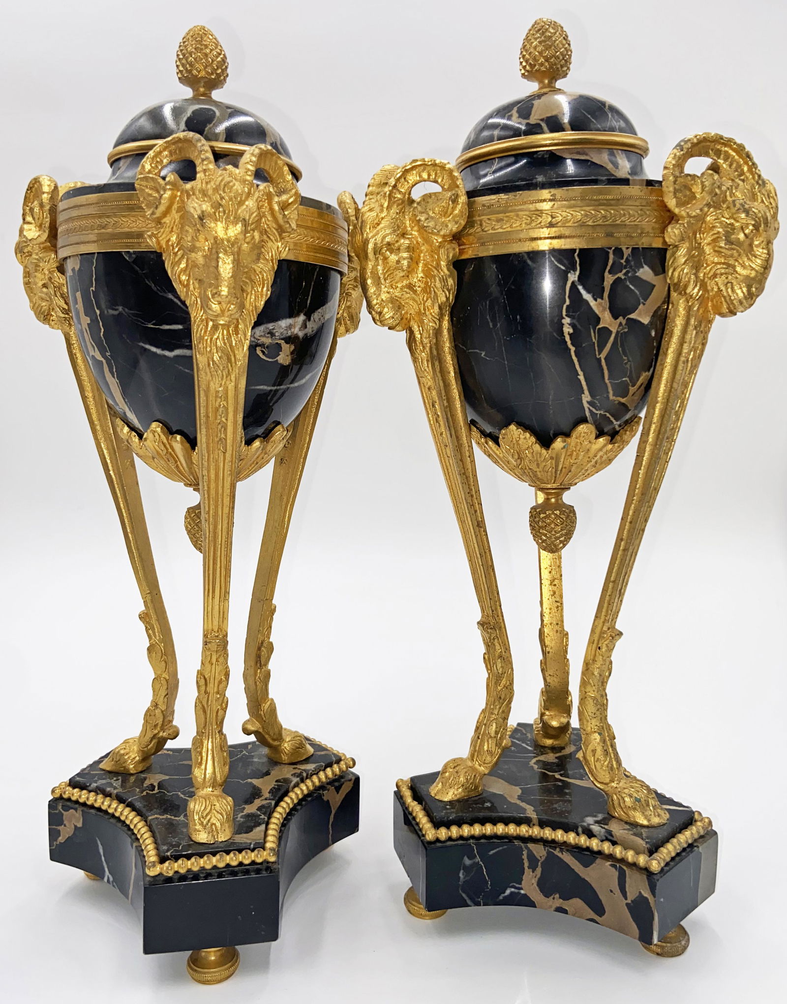 Pair of French Bronze & Marble Urns w/ Ram Heads. (1 of 2)
