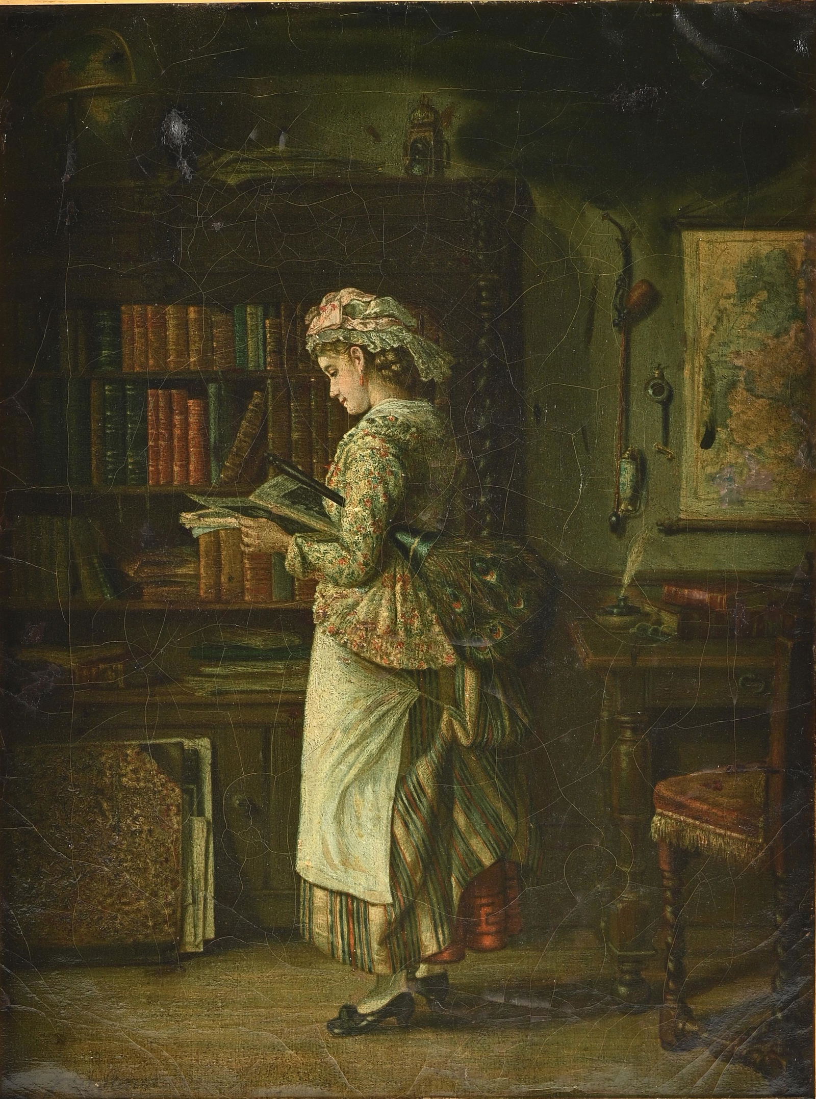 John D. Stevens Oil Painting of Maid in a Library. (1 of 4)