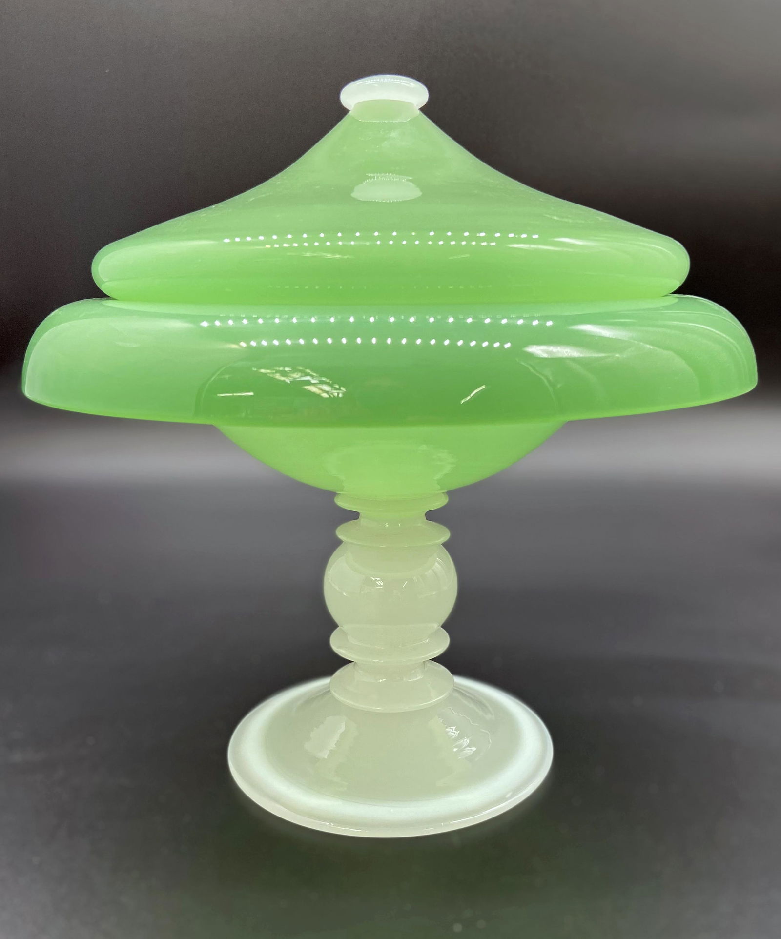 Steuben Jade Green Glass Footed Bowl w/ Lid. (1 of 2)