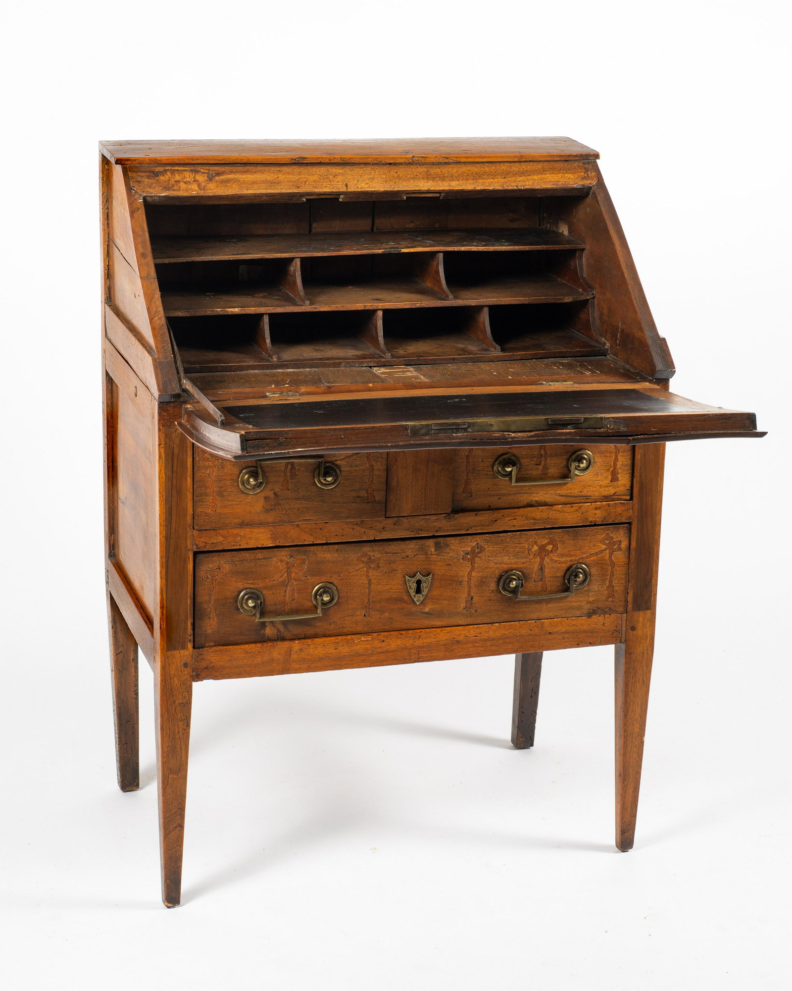 Very Old Dropfront Desk w/Inlaid Bow Designs.: The Slantfront Desk has Wormholes in Various Places. The Dropfront has Cracks and is Somewhat Bowed. The Desk Measures 40 1/2" Tall, 29 1/2" Wide, and 18 3/4" Deep. Third-Party Freight Shipping or Per
