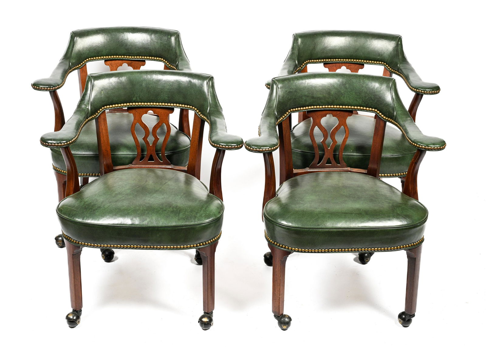 Set of 4 Green Leather Chairs by Hickory Chair Co. (1 of 3)