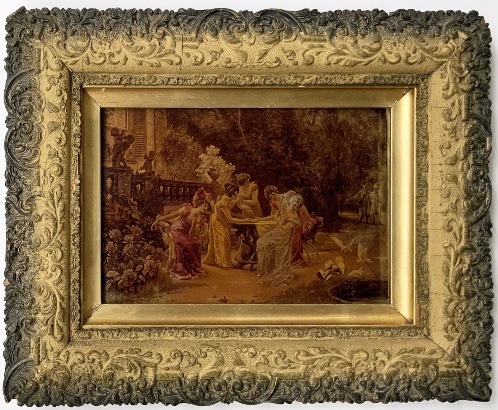 Vintage Framed Crystoleum, After Hermann Vogler.: Of ladies socializing in a Garden. An amber-tinted Image adhered to glass, and Reverse-Painted? There are some Scratches on the image, and Chips and Cracks to the Frame. It is in Overall good conditio