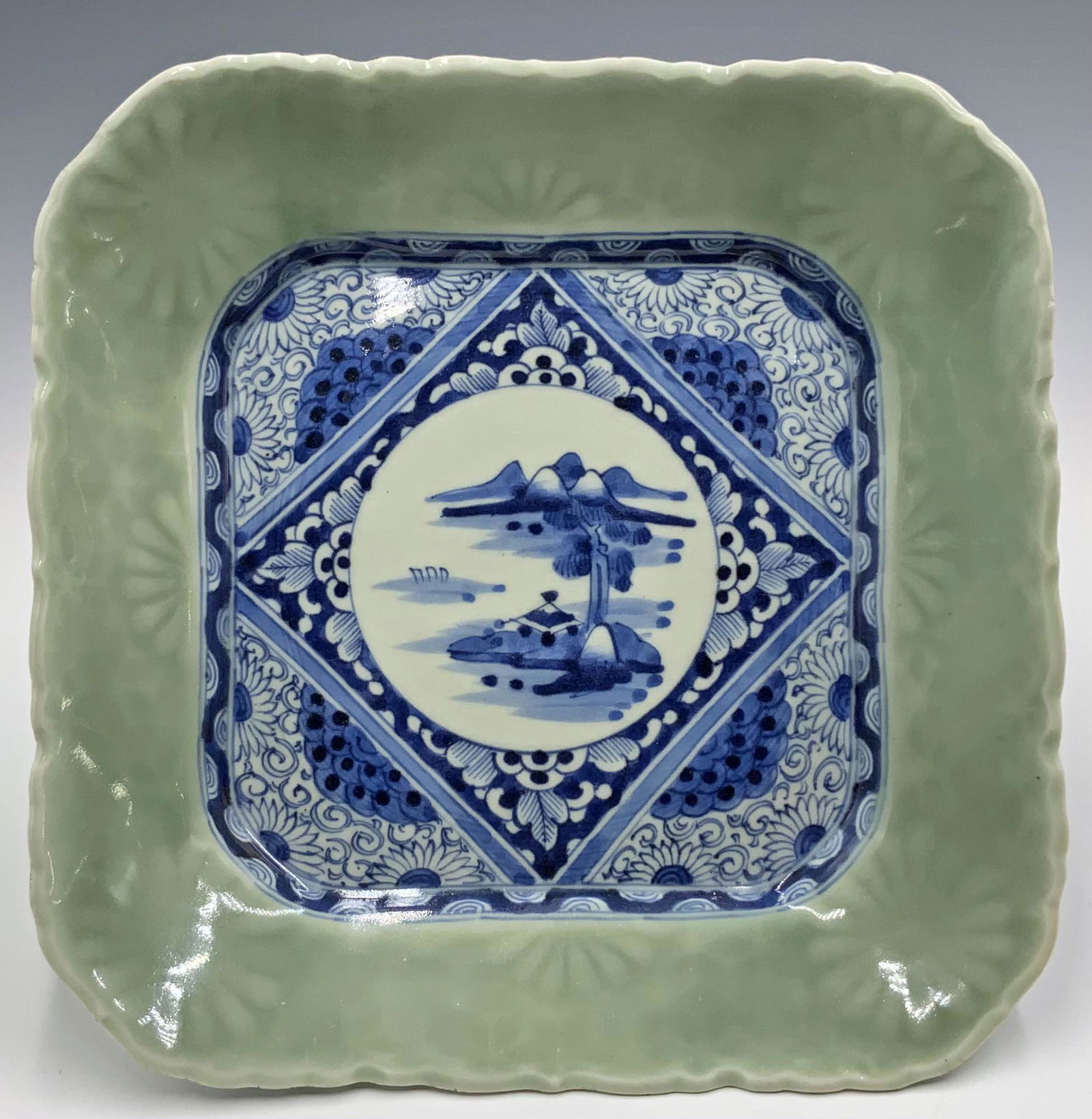 Square Blue & White Asian Plate w/ Celadon Border. (1 of 2)
