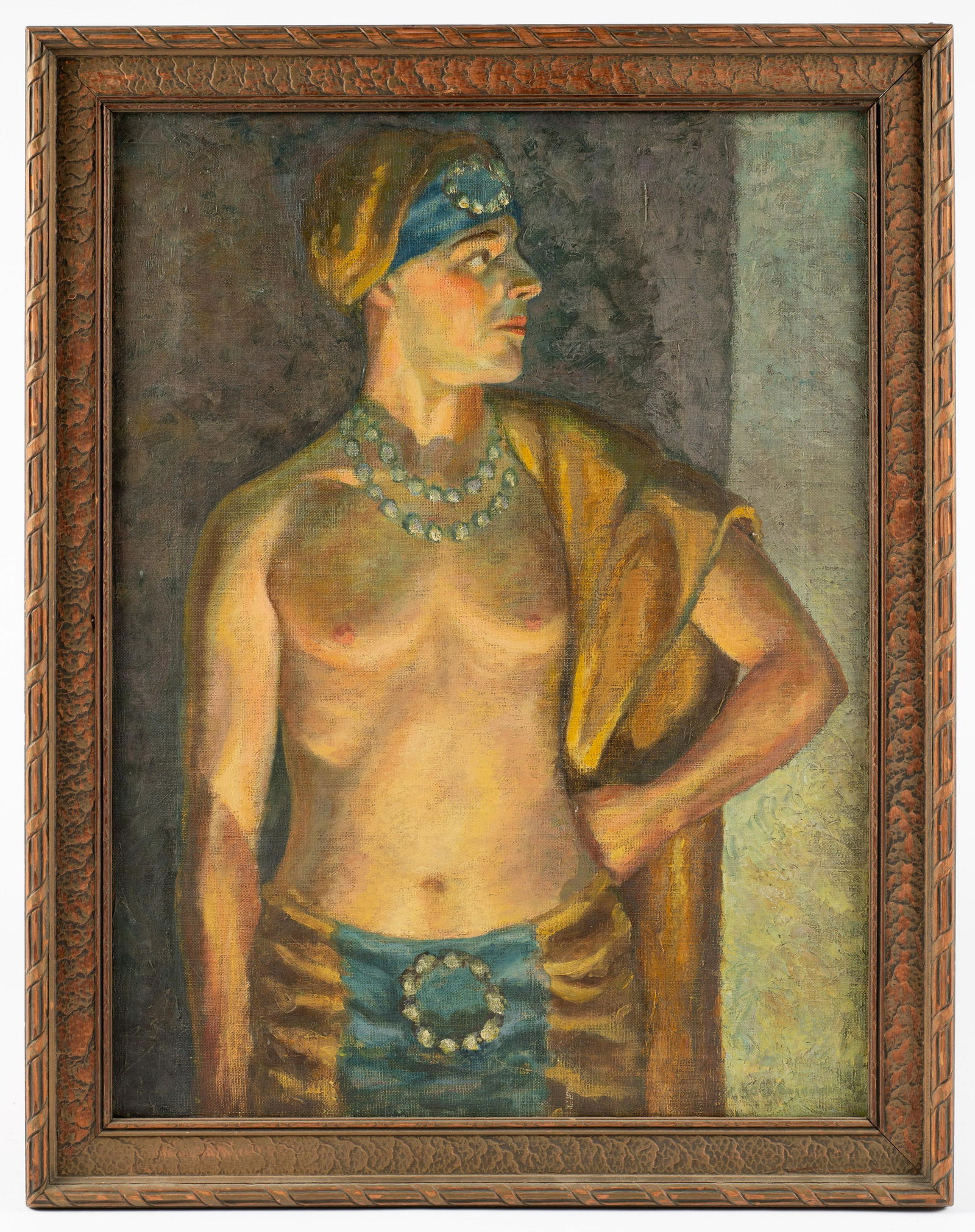 Art Deco Oil Painting of Man in Blue. (1 of 5)