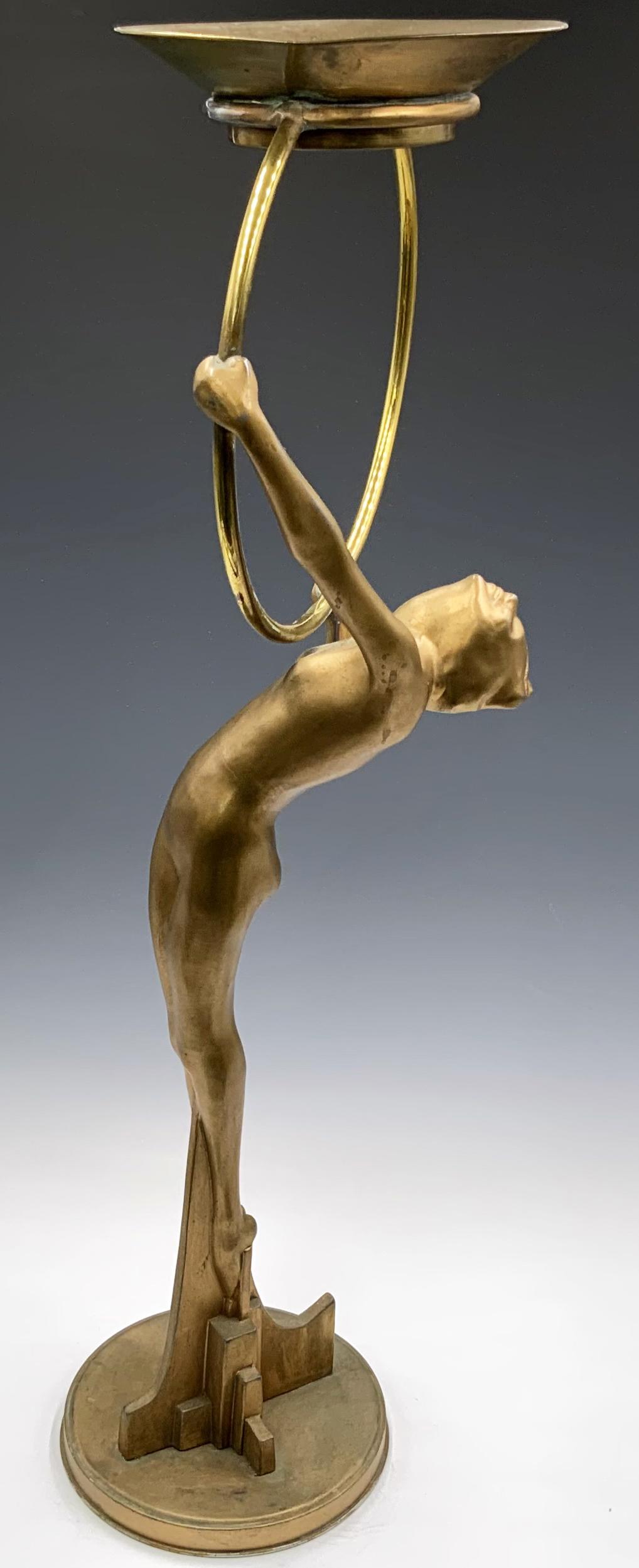 Deco Style Nude Female Metal Ash Stand- Frankart?: The Piece measures 25" tall, and is not very heavy. The base is very thin and lightweight, and probably not original. The figure wobbles a bit on it. It is Painted with a bronzelike finish, which is w