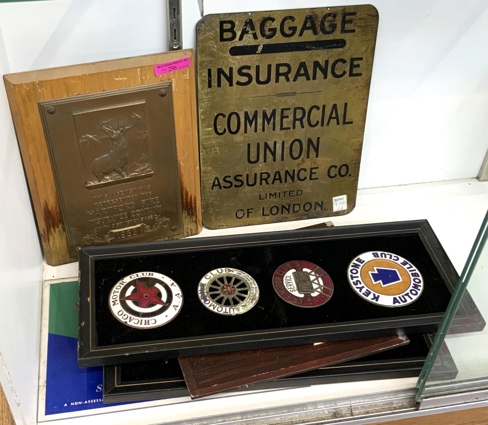 Lot of Automobile/ Insurance Signs & Plaques.: In good condition overall, with some signs of age-related Wear. A lot of the Advertising items are related to the state of California. The largest piece measures 18 1/2" x 7". Third-Party Shipping or