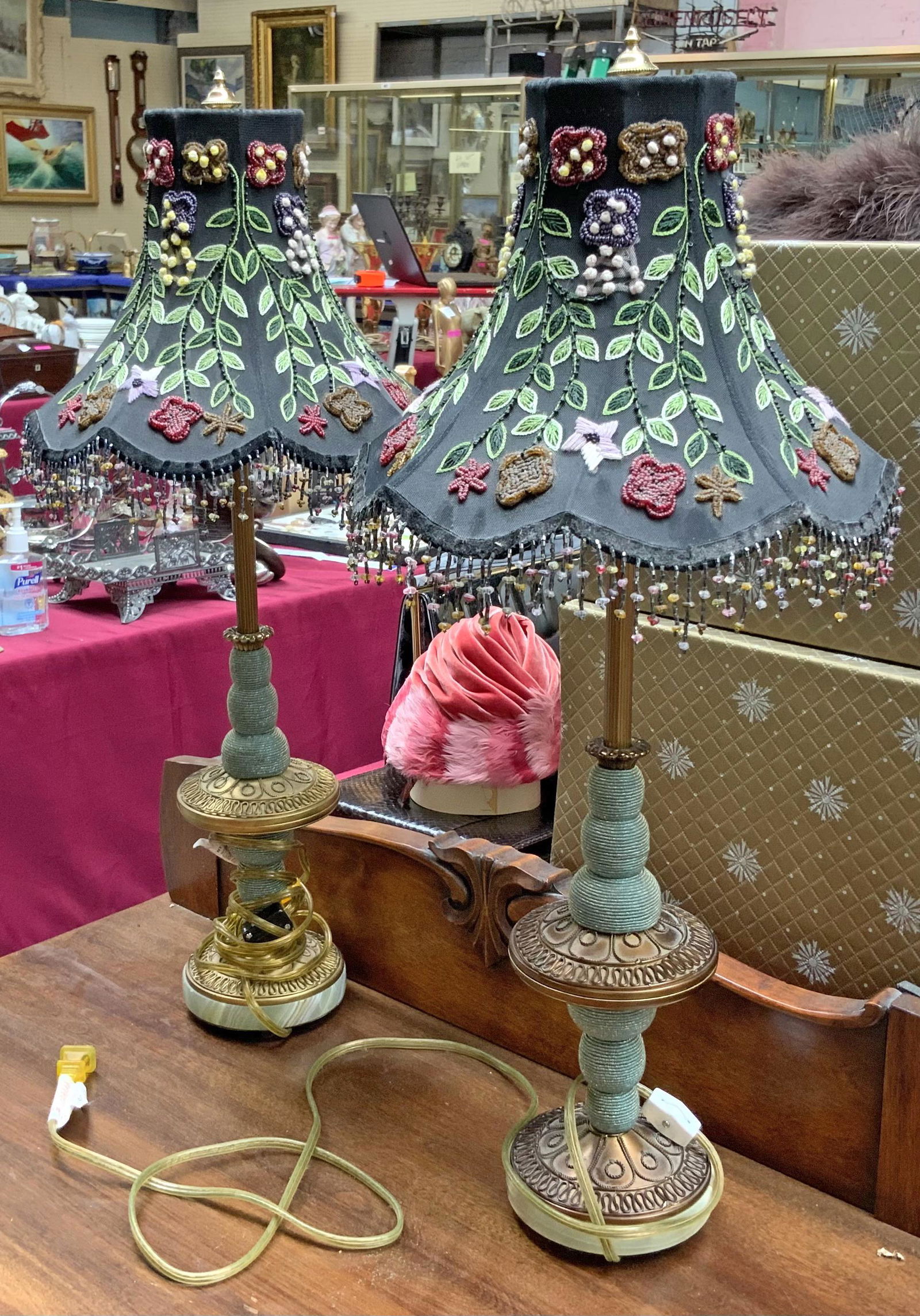 Pair of Vintage Frederick Cooper Tyndale Lamps.: With beaded flower Shades and Onyx bottoms. Each Lamp measures 27" tall, and is moderately heavy. There is a fair amount of Dust on the shades, as well as some Surface Wear on the metal. Third-Party S