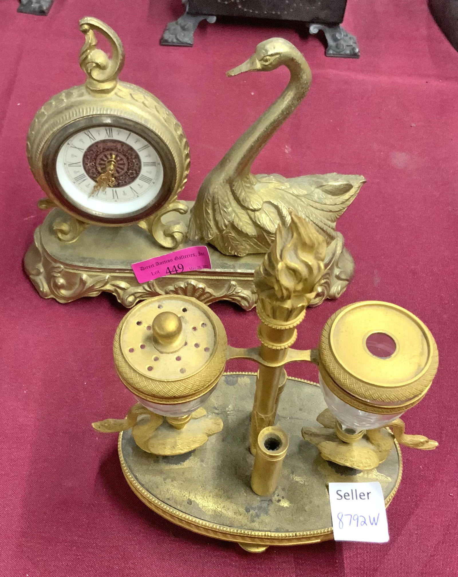 Lot of 2 Figural Swan Desk Items- Clock & InkwelI. (1 of 1)