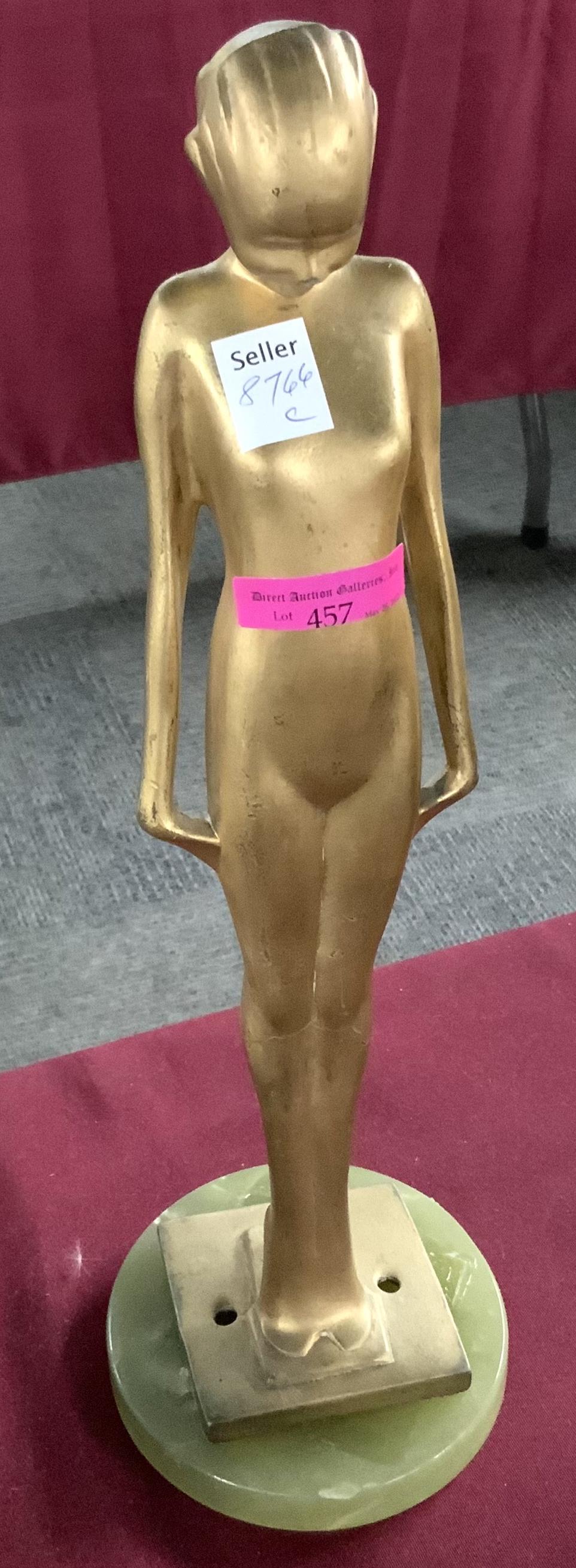 Vintage Art Deco Metal Figurine.: Standing 15 1/2" tall, this Figure has a painted finish, showing minor wear. There is a possible repair halfway between the knee and foot. The Onyx base is not original or attached. Third-Party Shippi