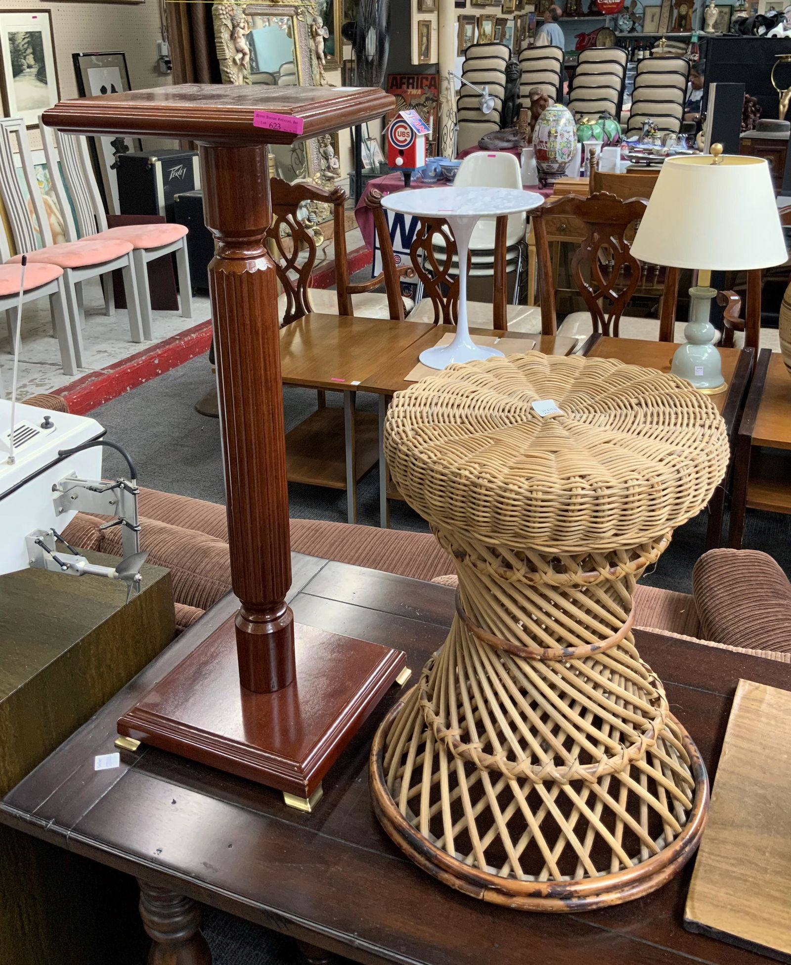 Lot: Cherry Stain Wood Pedestal & Wicker Stool. (1 of 1)