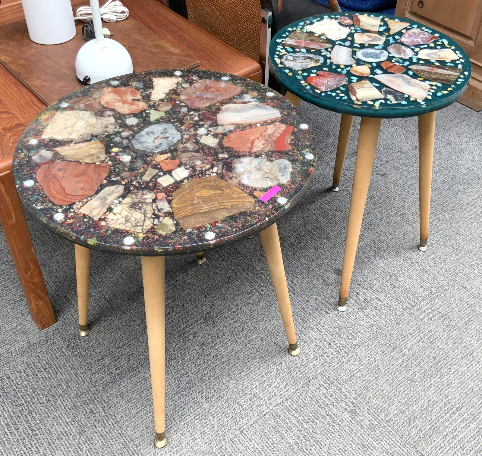 Pr. of Epoxy Resin & Ocean Decor Round Side Tables: These Measure 23 1/2" Tall. One Measures 21 1/2" in Diameter, and the Other Measures 17 1/2" in Diameter. Third Party Shipping or Personal Pick Up Required.