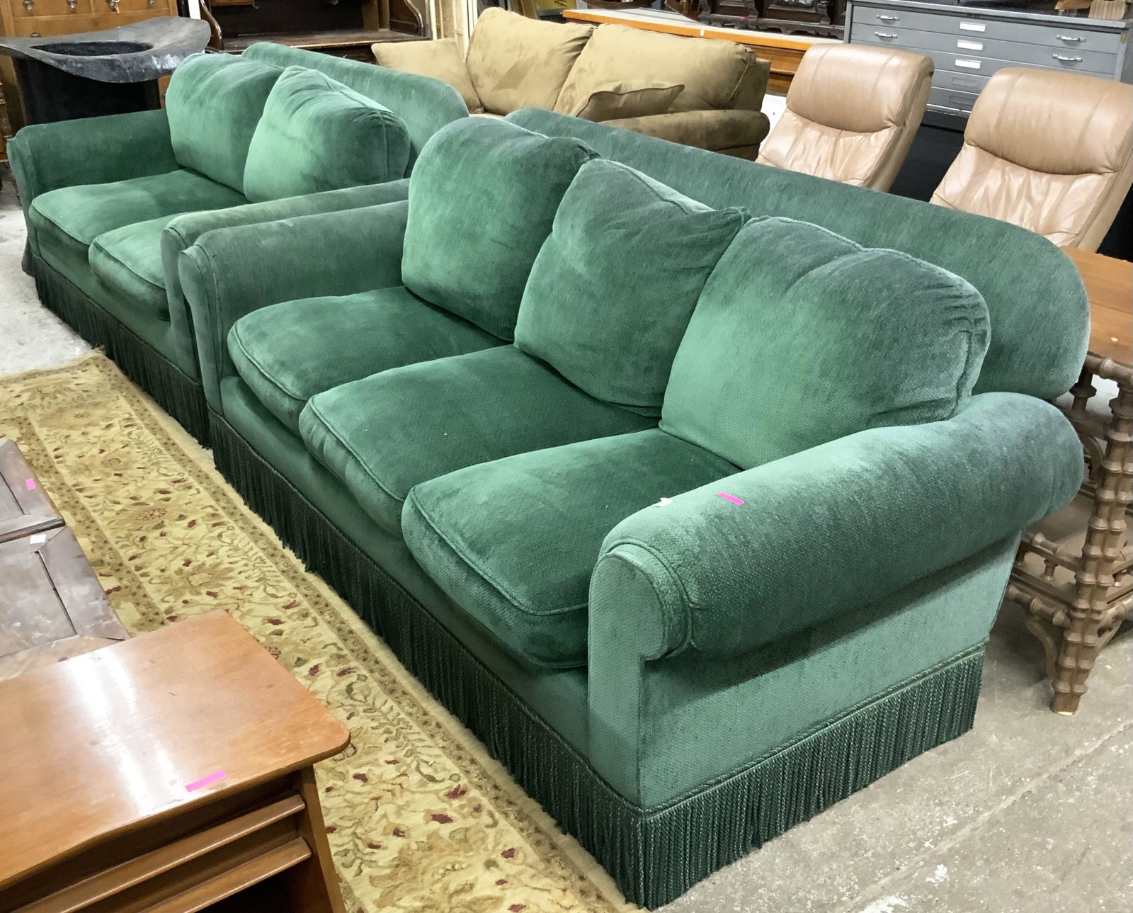Custom-Made Green Sofa and Loveseat.: They both have Frilled Bottoms. They are in Excellent Condition. The Sofa Measures 38" Tall, 84" Wide, and 34 1/2" Deep. Third-Party Freight Shipping or Personal Pickup Required.