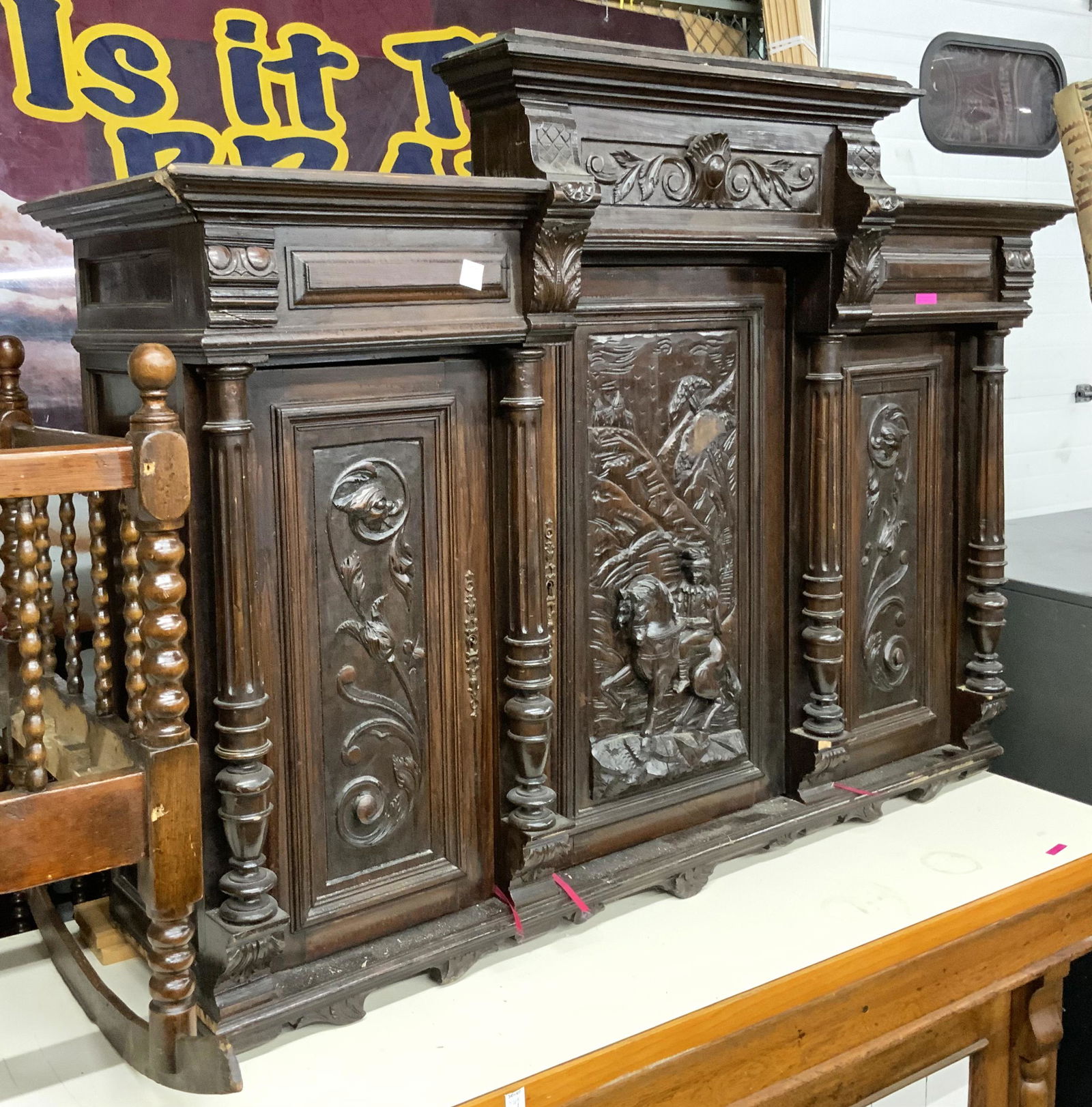 Nicely Carved Hunt Board Top (Top Only, no Bottom): Has some Chips along the Sides. It measures 40 1/2" Tall, 50" Wide, and 15" Deep. Third-Party Freight Shipping or Personal Pickup Required.