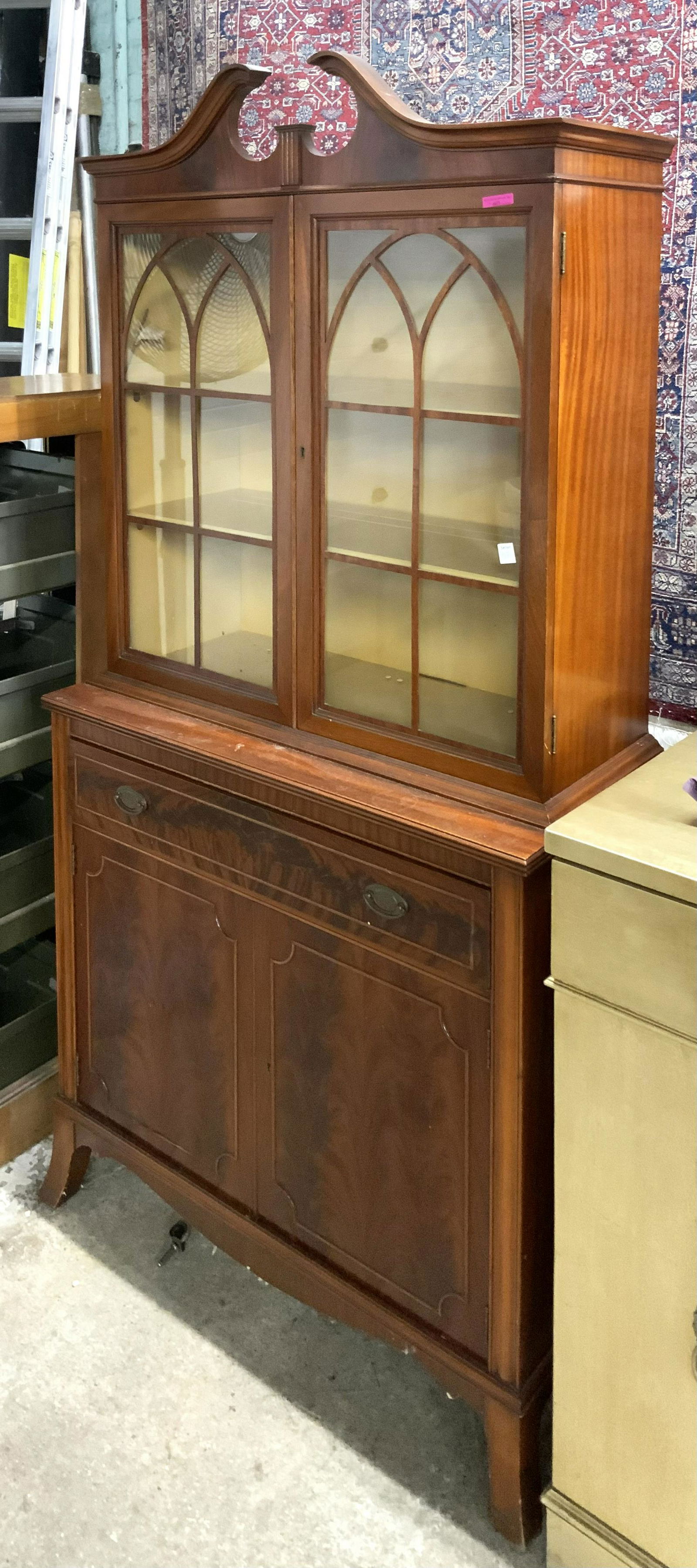 Duncan Phyfe Mahogany China Cabinet.: Flame Mahogany. Has a water Mark Ring on the Top. It Measures 36" Wide, 75" Tall, and 16" Deep. Third-Party Freight Shipping or Personal Pickup Required.