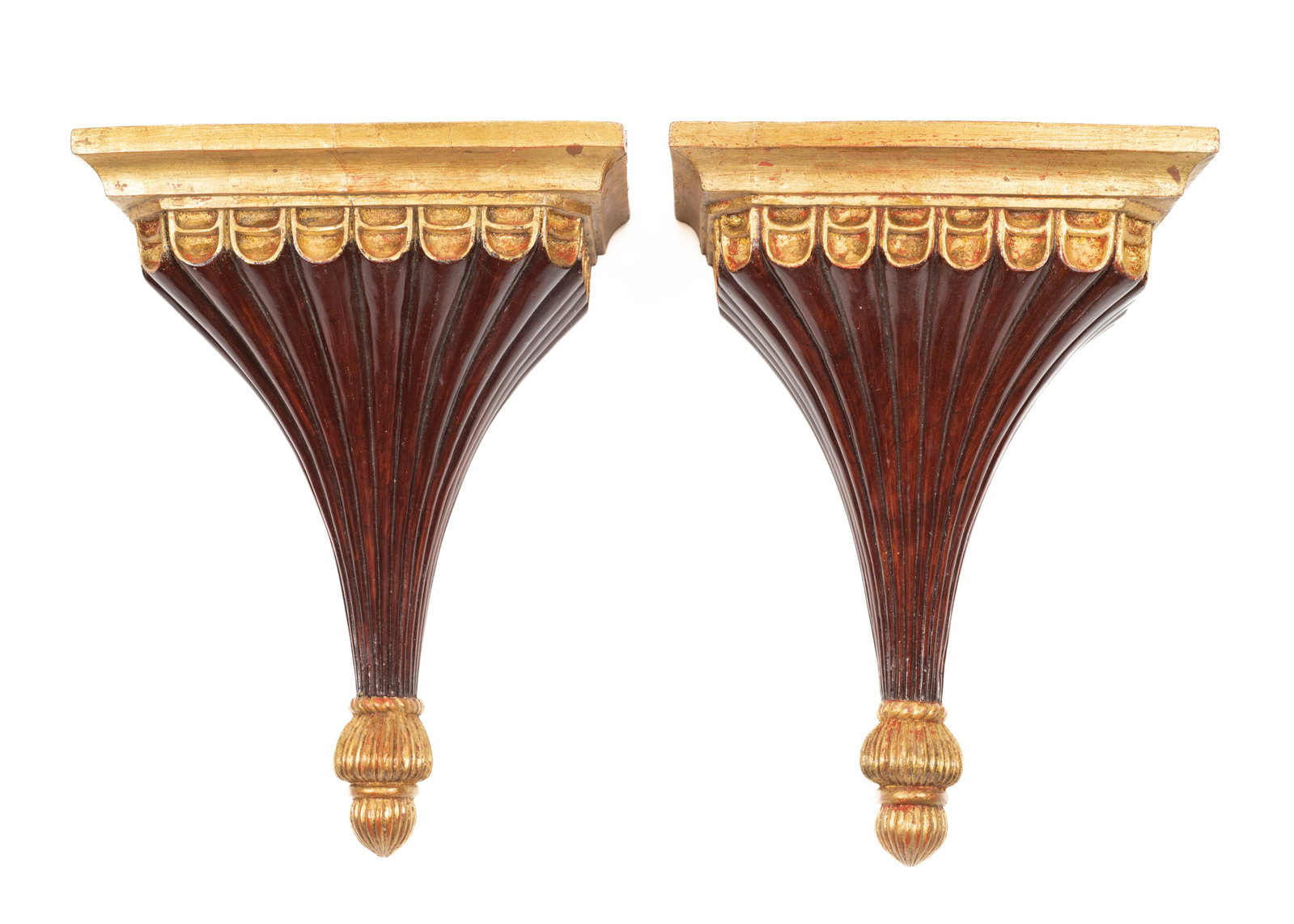 Pair of Venetian Burgundy and Gold Wall Brackets.: They have Moderate surface wear, but are in overall Good condition. Each measures 14 1/2" tall, 11" long, 7" wide, and is moderately heavy. There is some gold gilt loss, and one of the shelves has a f