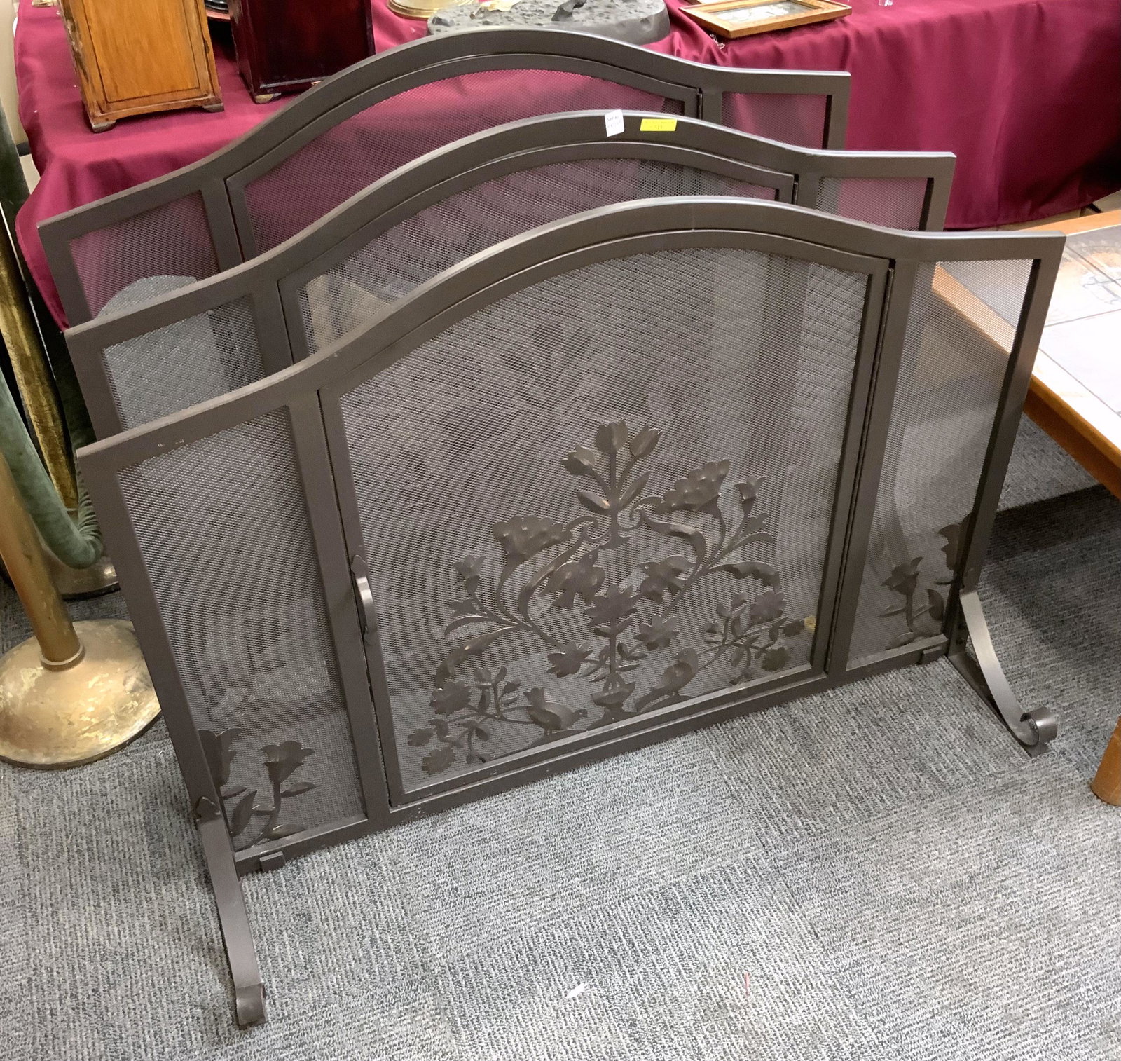 Lot of 3 Matching Fireplace Screens.: Brown Metal fireplace screens with center doors and floral designs. Each Screen measures 44" wide and 33 1/2" tall. Third-Party Freight Shipping or Personal Pickup Required.