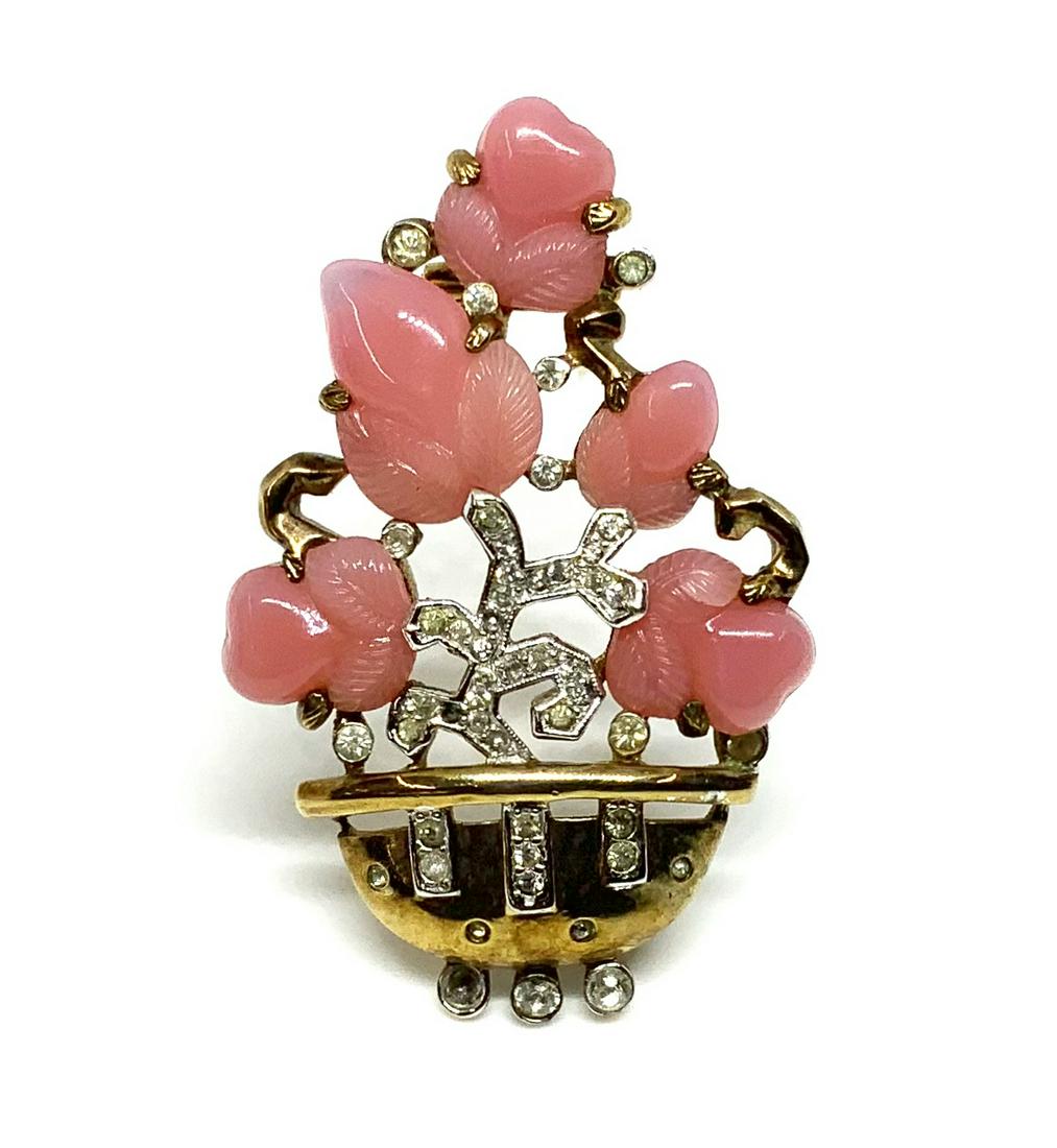 Alfred Philippe for Trifari Fur Clip or Pin.: In the Shape of a Potted Flowering Plant. The Pin is Missing a Rhinestone at the Bottom, and a Few of the Rhinestones are Dark, but it is in Otherwise Good Condition. It measures 2" Long and 1 5/16" W
