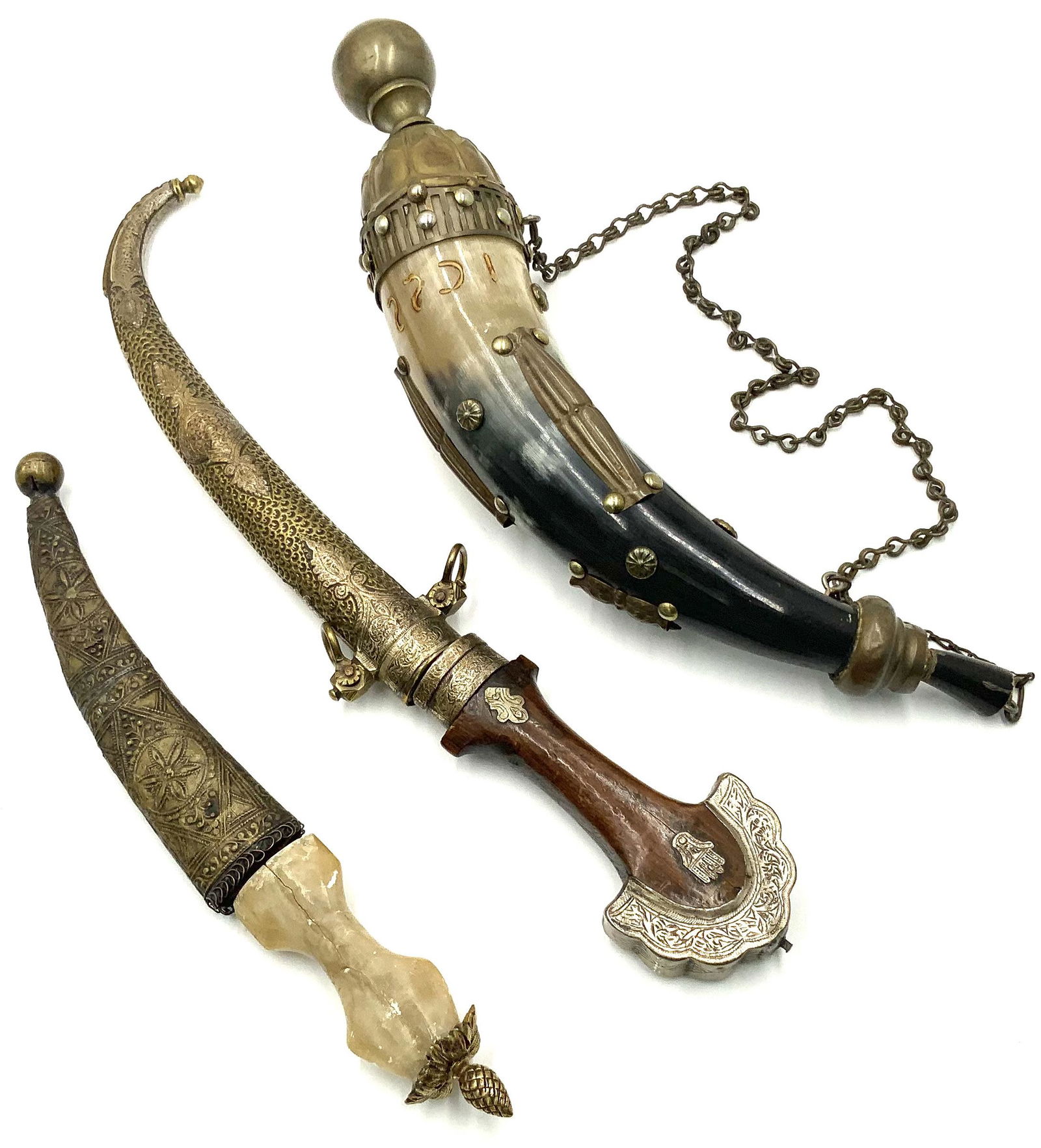 Lot: Persian Powder Horn w/ 2 Persian Daggers. (1 of 6)