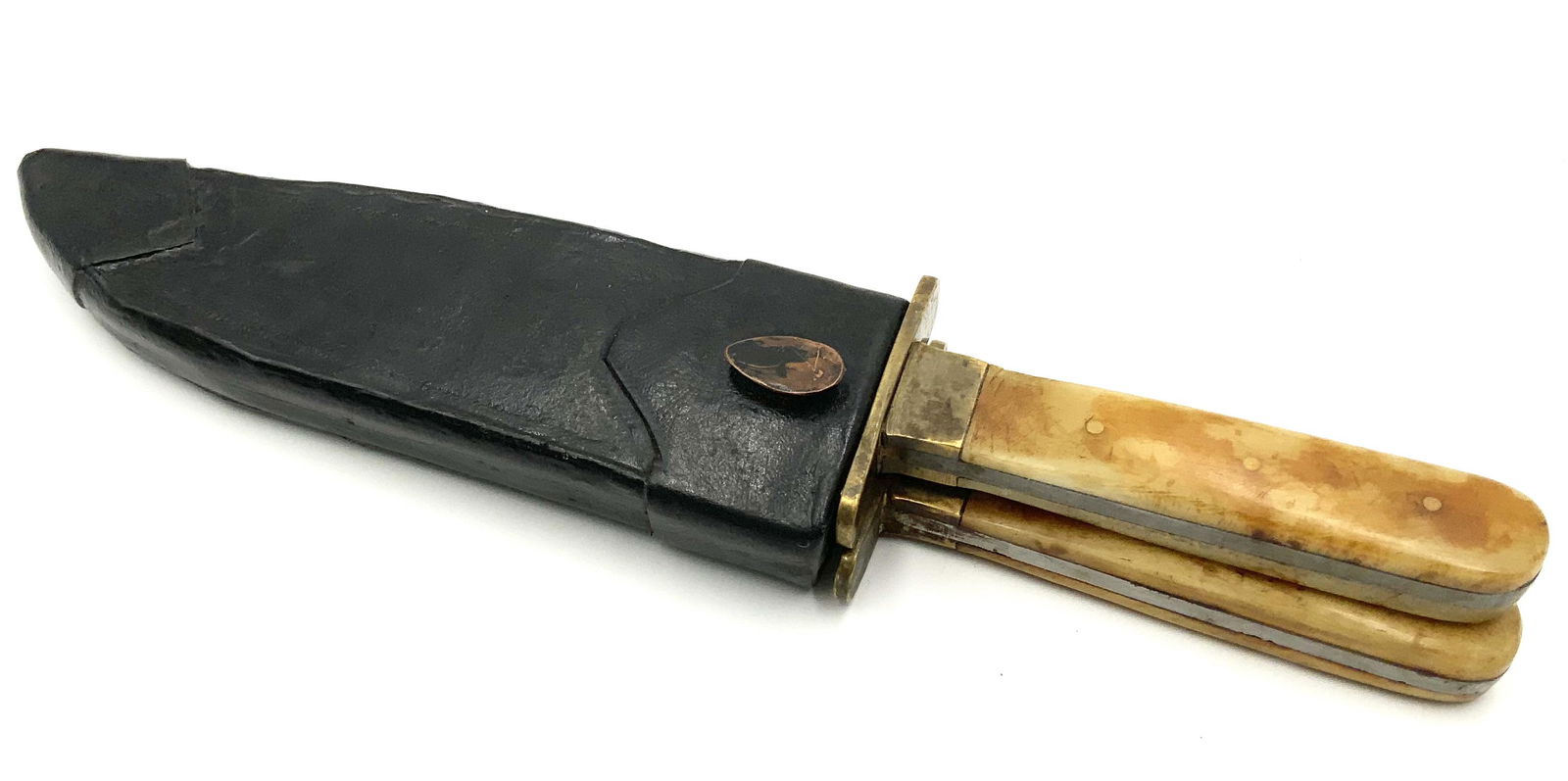 Antique Twin-Sheath Bowie Knives w/ Bone Handles.: Each knife measures 11" long. The blades are not especially sharp. Overall, these look to be in Good cosmetic condition.