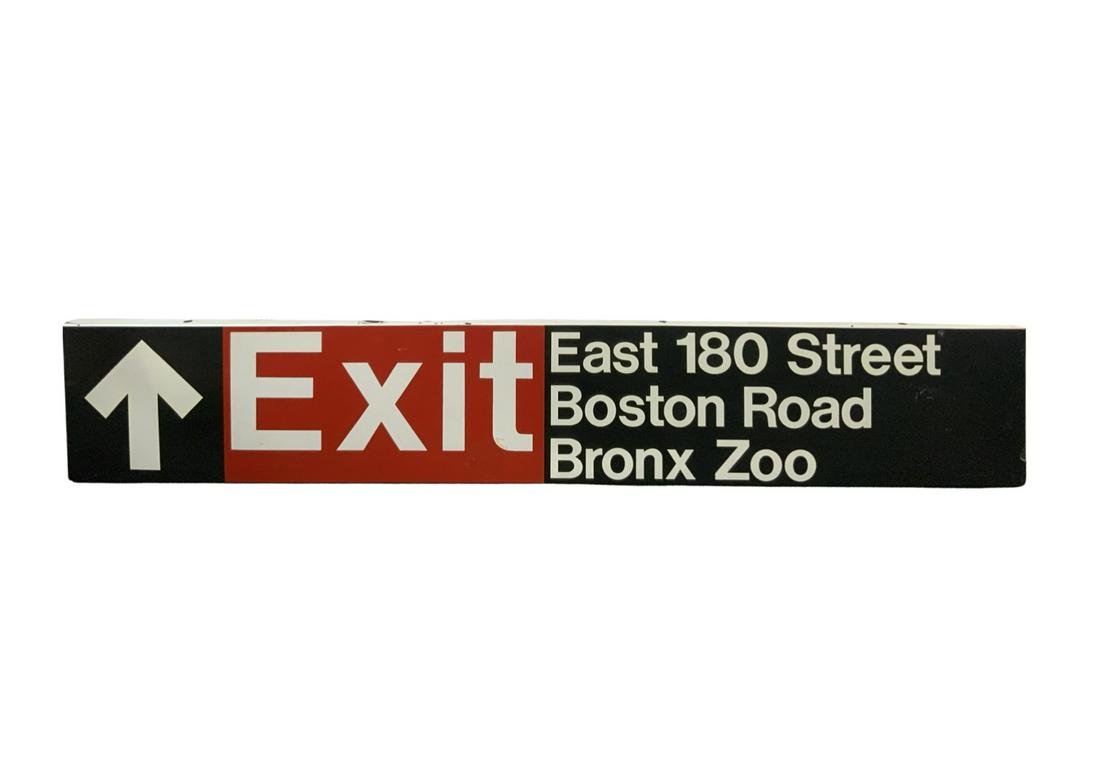 New York City Subway Train "Exit" Sign.: For East 180 Street, Boston Road, and Bronx Zoo. Looks to be in Nice condition, with a little Rust and Surface Wear. The Sign Measures 13 1/2" x 72" x 1 1/2", and is Fairly Heavy. Third-Party Shipping