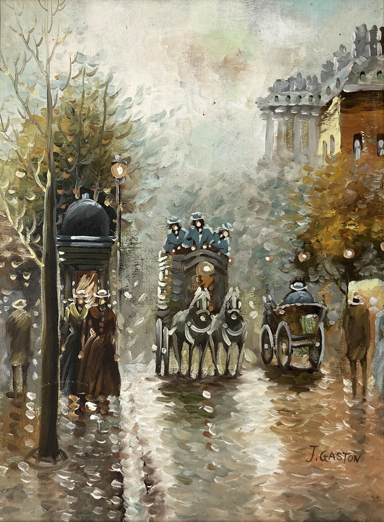 Impressionist Paris Oil Painting Signed J. Gaston.: An Impressionist oil painting of people in a wet Victorian street scene. The Paint is in excellent condition. The Gilt frame is in good condition, except for a chip in the top. The Painting measures 1