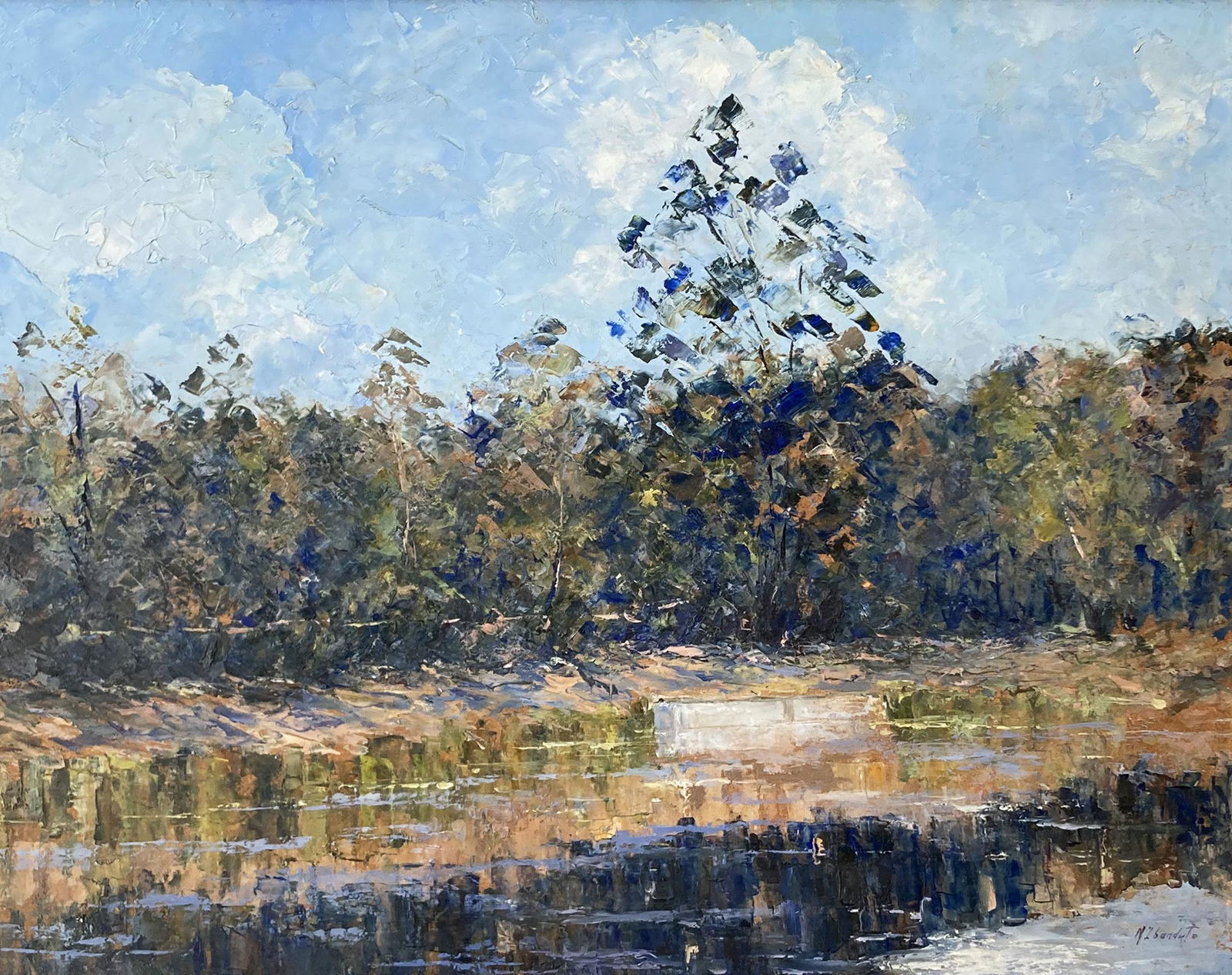 Oil Painting, "Water's Edge", signed Nina Zbanduto: An Impressionist painting on board entitled "Water's Edge", depicting trees and brush alongside water. It is Painted by a Russian artist, Nina Zbanduto, and Signed by the artist, lower right. The Pain