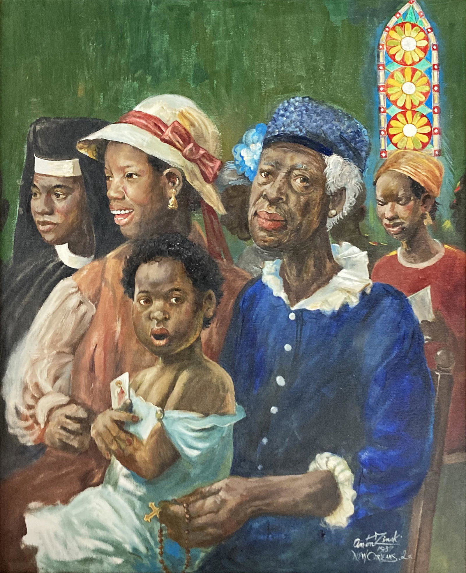 Oil painting of "Church Ladies" Sgd Anton Zinski.: An Oil painting on canvas of Church Ladies, a young girl, and a nun by Anton Zinski of New Orleans. The Work is signed lower right. The Painting is in excellent condition. The Unpainted wood frame sho