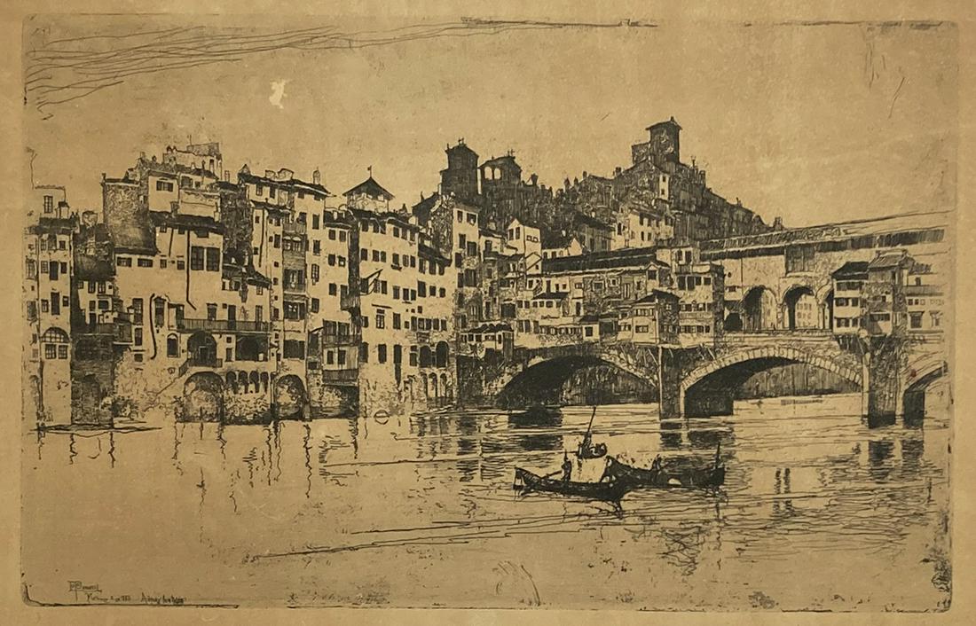 Etching of "The Ponte" in Italy by Joseph Pennell. (1 of 5)