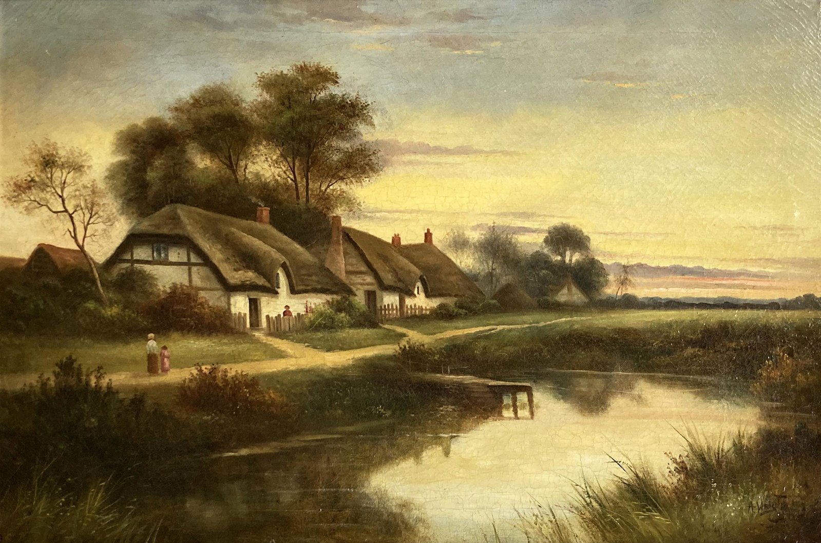 Oil Painting, Landscape With Cottages by A. Wright: An Oil painting of a landscape with cottages by tranquil water with three people, on canvas. It is Signed lower right, "A. Wright". The Paint looks very good, but has crackleture throughout the entire