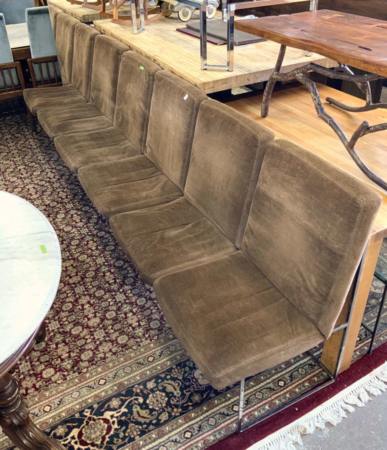 Set of 6 Thayer-Coggen Upholstered Chairs.: Milo Baughman Style. The Frames are chrome, and the Fabric is in need of restoration. Each of these measures 20" wide, 23" deep, and 35" tall. Third Party Freight Shipping or Personal Pickup Required.