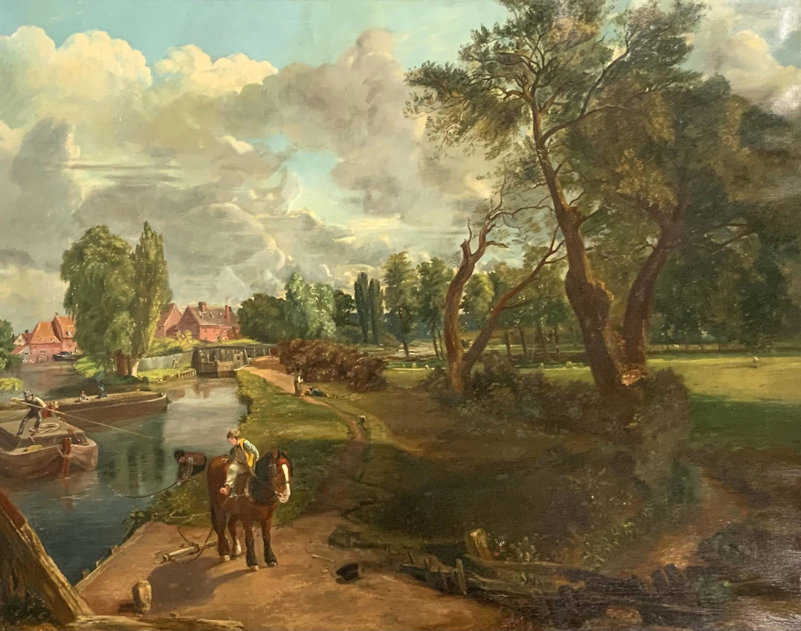 Lg. Oil Landscape with Trees and Boy on Horse.: An Oil landscape painting on canvas. It depicts a boy on a horse by a river with homes, in a tree-dotted landscape. The Title of the Painting is "At Flatford Mill", after John Constable. The Paint is