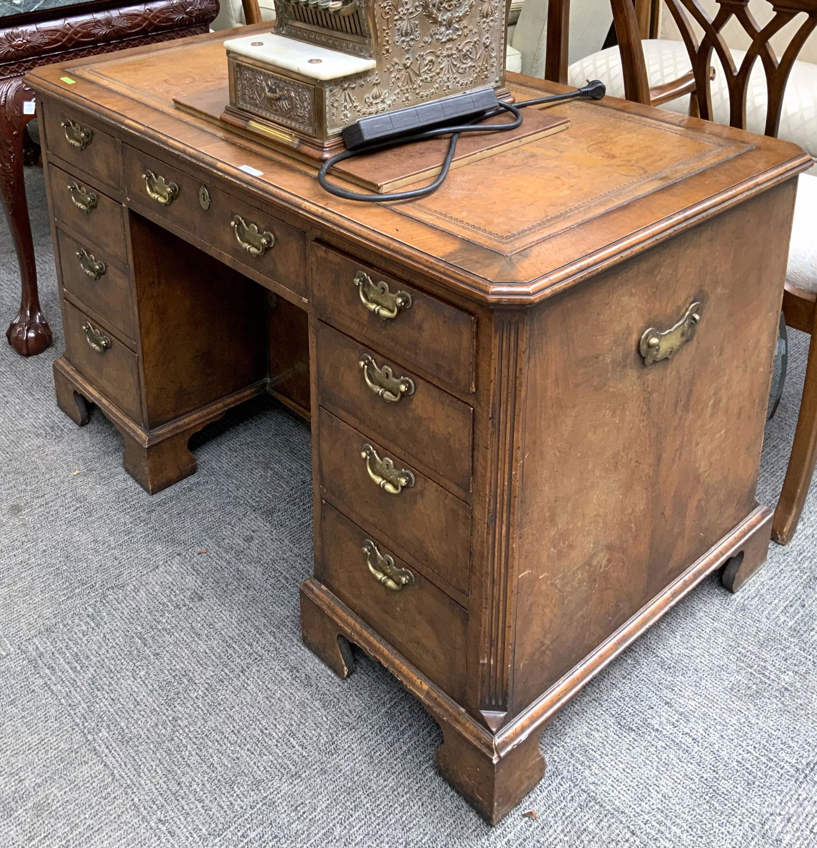 Antique Walnut Leather-Top Desk, w/Inlay. (1 of 1)
