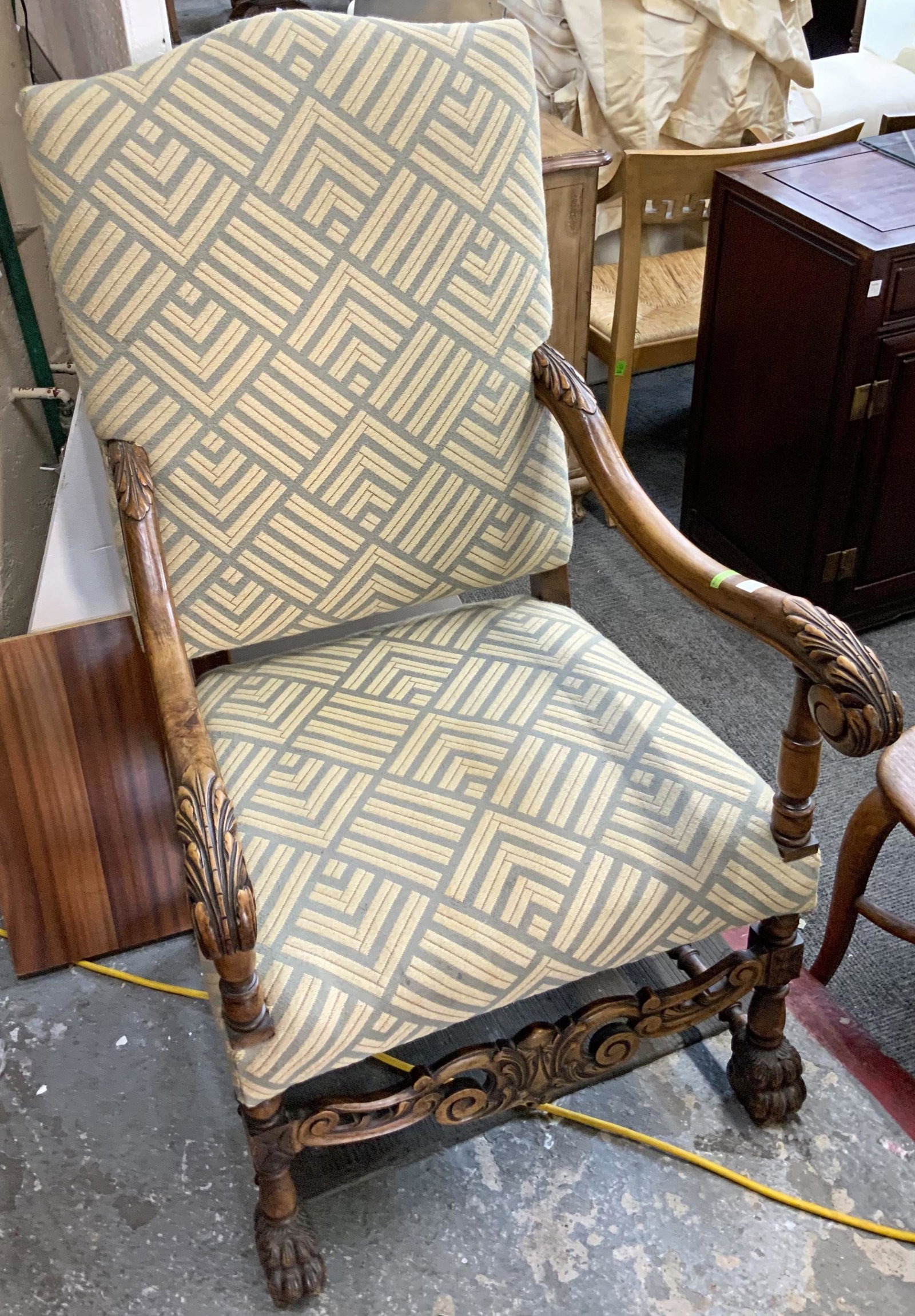Antique Walnut Louis Xlll Upholstered Armchair.: This Chair is in Good Overall Condition, with the Frame and fabric both in good shape. It Measures 26" wide, 31" deep, and 48" tall. Third Party Freight Shipping or Personal Pickup Required.