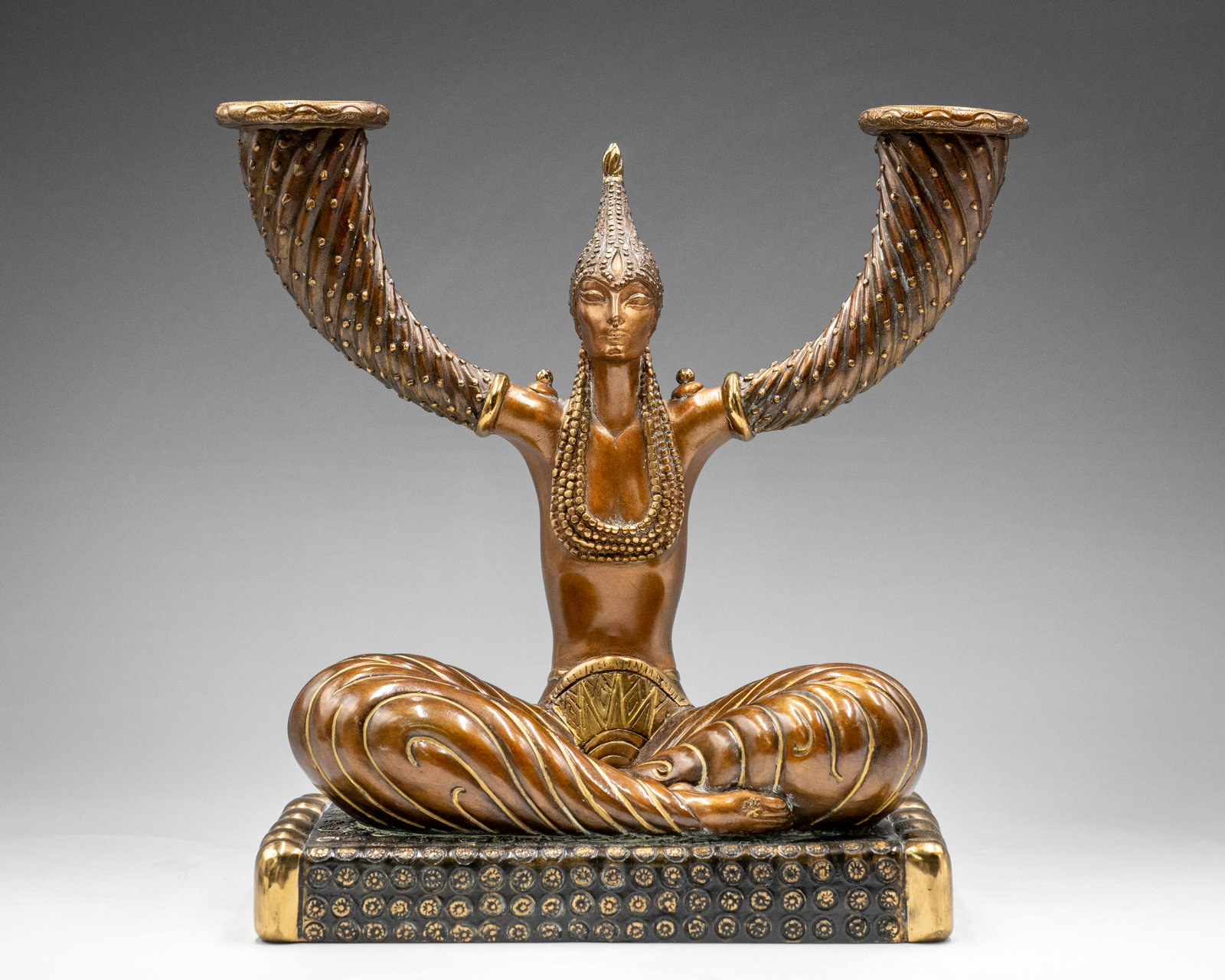 Erte Vintage Bronze "Fortune" Figural Candelabra.: It is of a seated Lady Buddha-type figure, with her two arms serving as the candleholders. It Looks to be in Nice condition overall, with some mild surface wear and dust in the recesses. It is Signed 