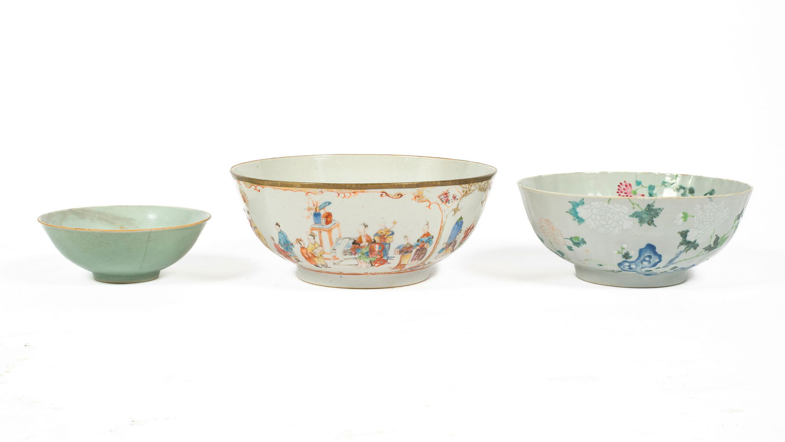 Lot of 3 Chinese Porcelain Bowls.: One is a Celadon Bowl. It has a Hairline Crack, and is Signed on the Bottom. It measures 2 1/2" High, and 6 3/4" in Diameter. The Second Bowl is a Chinese Export Bowl. It has Several Chips on the Top