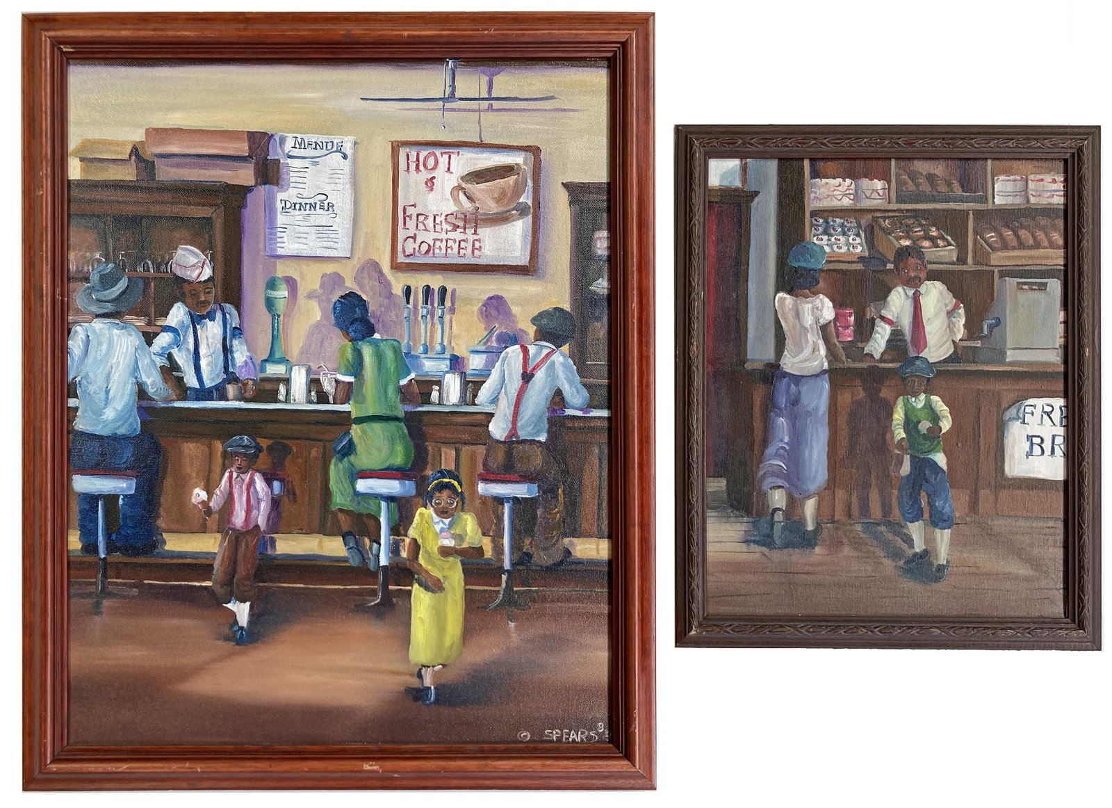 Pair of Oil Paintings by Gregg Spears, One Signed.: A Pair of oil paintings on canvas by artist Gregg Spears depicting adults and kids in a diner or sweet counter. The Paint is in perfect condition. The Simple wood frames are both in good condition. Th