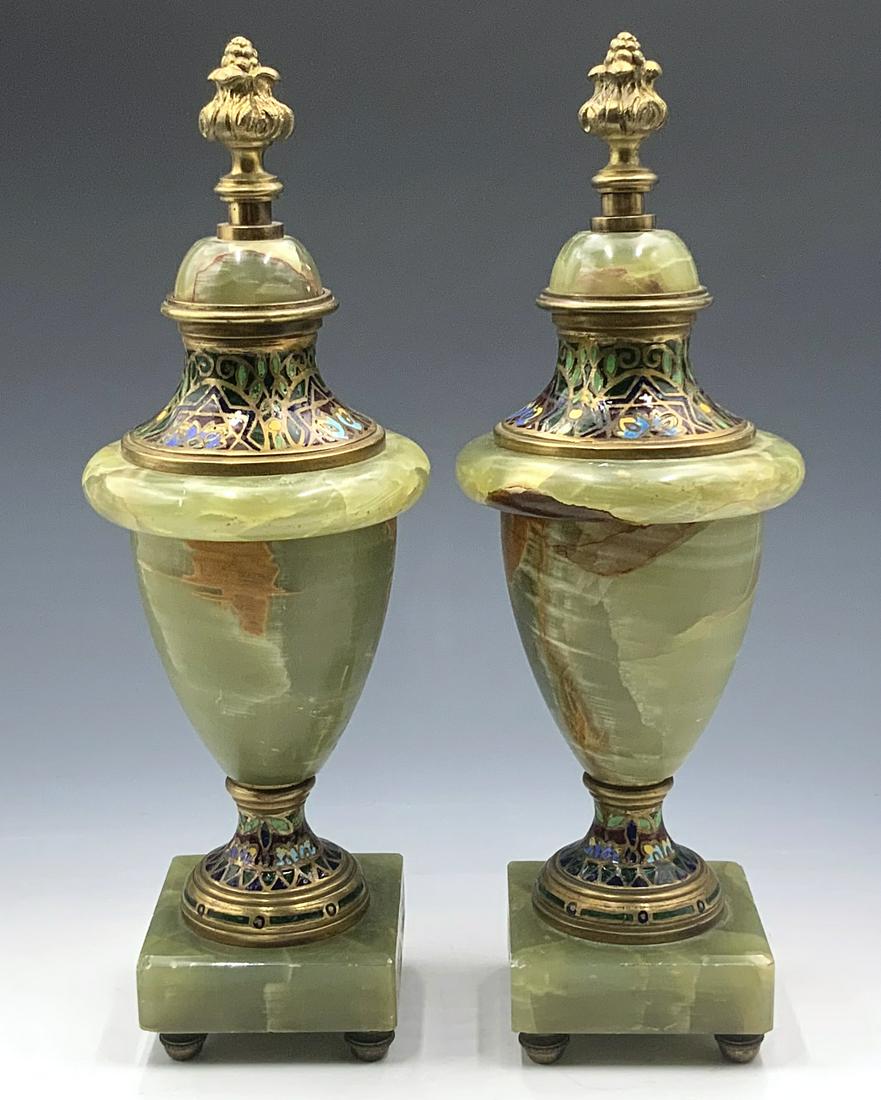 Pair of French Onyx Urns w/ Champleve Enamel.: Each measures 13" tall, and they are Fairly Heavy. There are some Chips and Nicks to the Onyx along the Edges of the Bases. Third-Party Shipping or Personal Pickup Required.