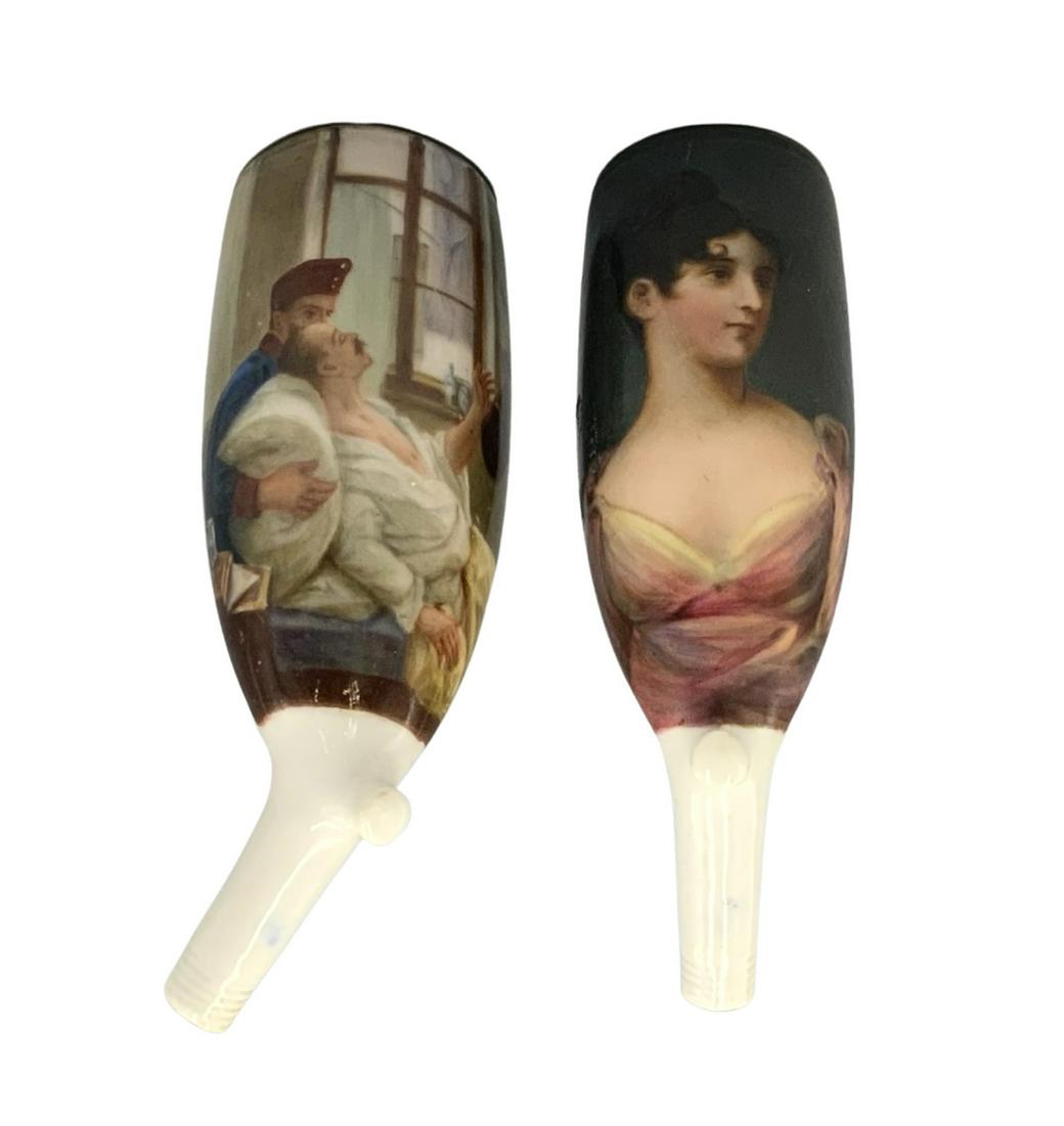 Lot of 2 Hand-Painted Pipe Bowls - Meissen?: The porcelain bowls are both marked with Cross Swords, Overglaze, on the Interiors. One has a portrait of a young Lady, the other depicts a scene with an ailing man and a horse. The pipe heads measure