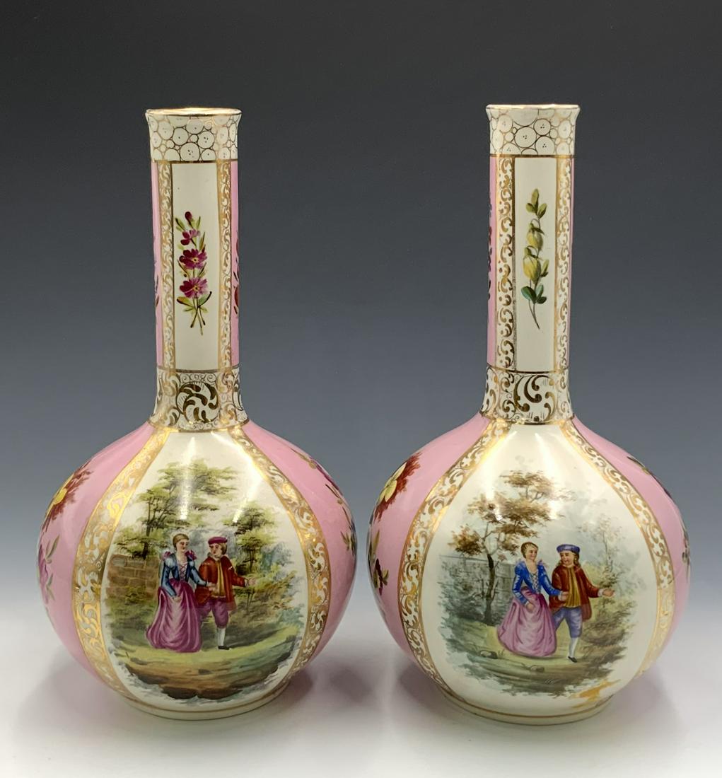 Pair of Royal Bonn Vases w/Courting Scenes.: They also have floral and gilded accents. Each Porcelain Vase measures 12" tall, and has a gourd-shaped body with a slim cylindrical neck. There is Some gilt loss, and one has some yellow staining, bu