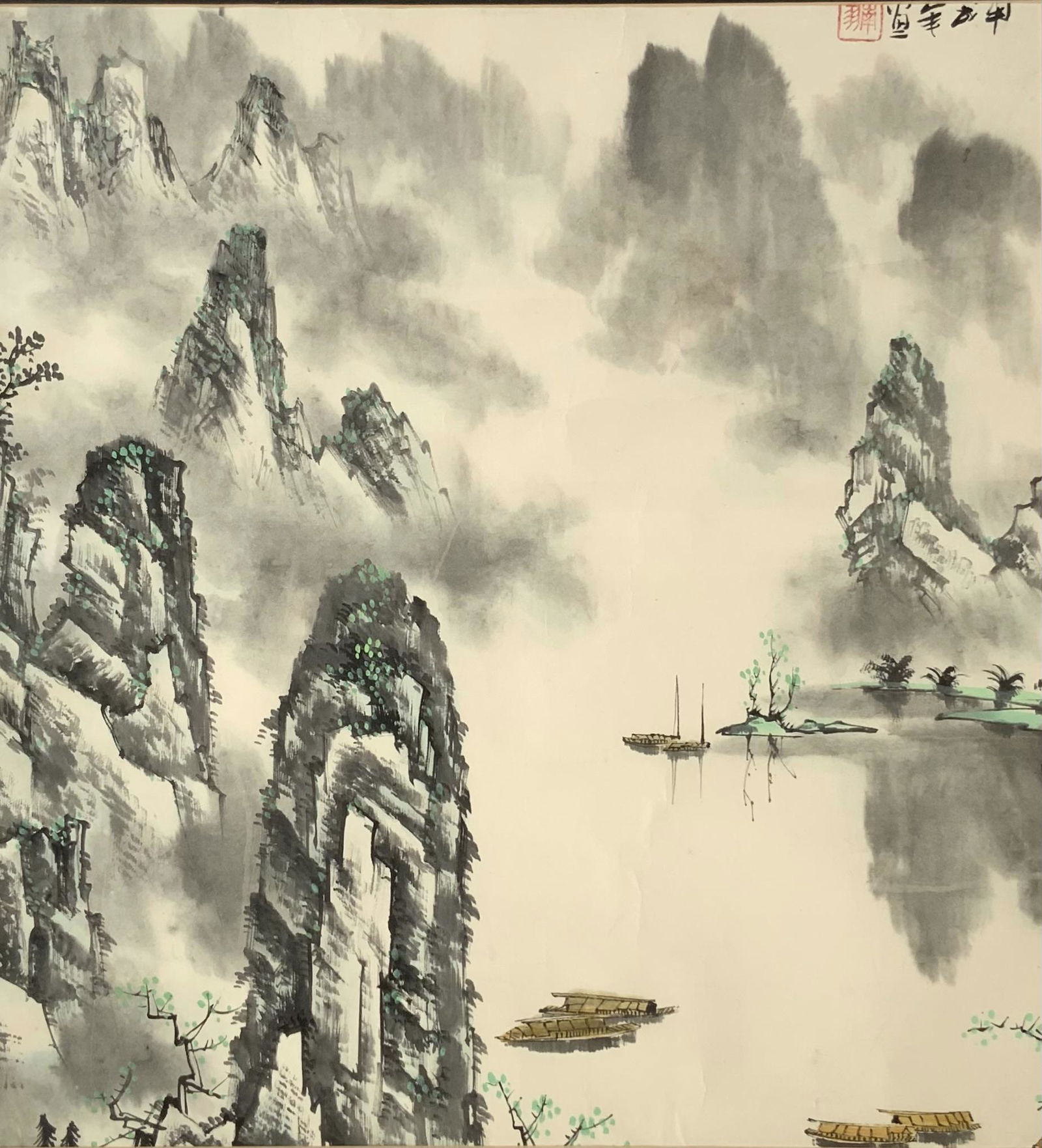 Framed Chinese Scroll Painting, Lake w/Mountains. (1 of 3)