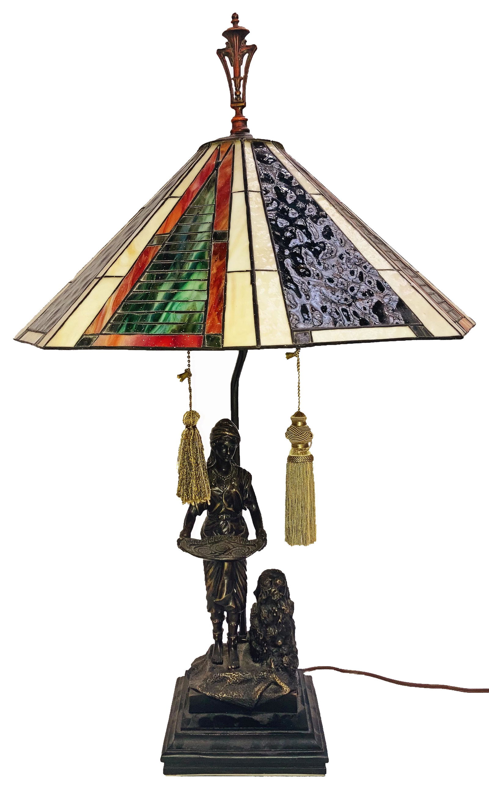 Bronze Figural Lamp w/Stained Glass Shade. (1 of 5)