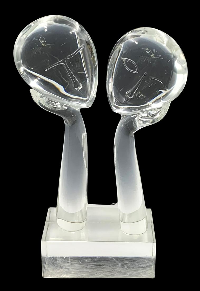 Loredano Rosin Glass Sculpture w/ 2 Heads.: Signed on the front of the base. The Sculpture Measures 22" tall, and 9 1/4" x 5" at the base. It is Very Heavy. It Looks to be in Nice condition, with a few Scratches and Smudges. Third-Party Shippin